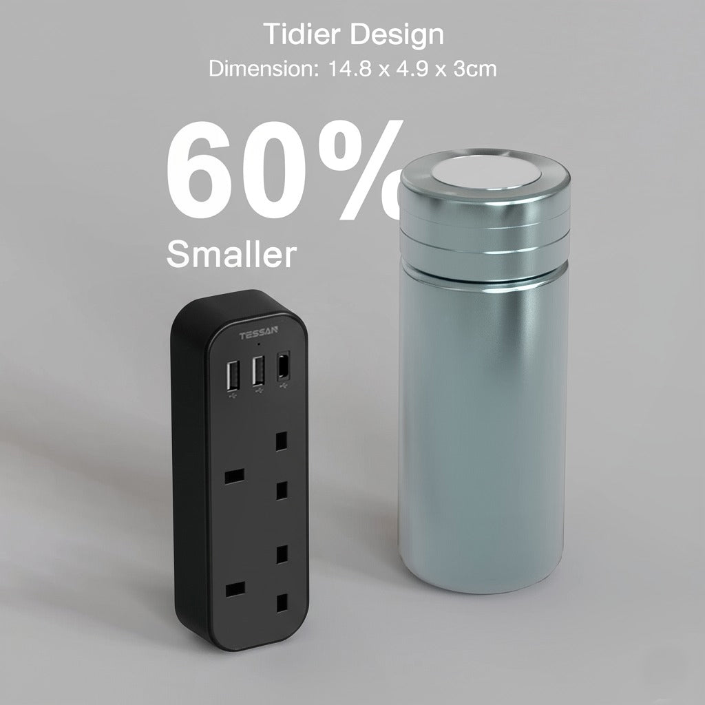 TESSAN - Vertical Socket Extension Double Plug Adaptor with 3 USB Slots , Black