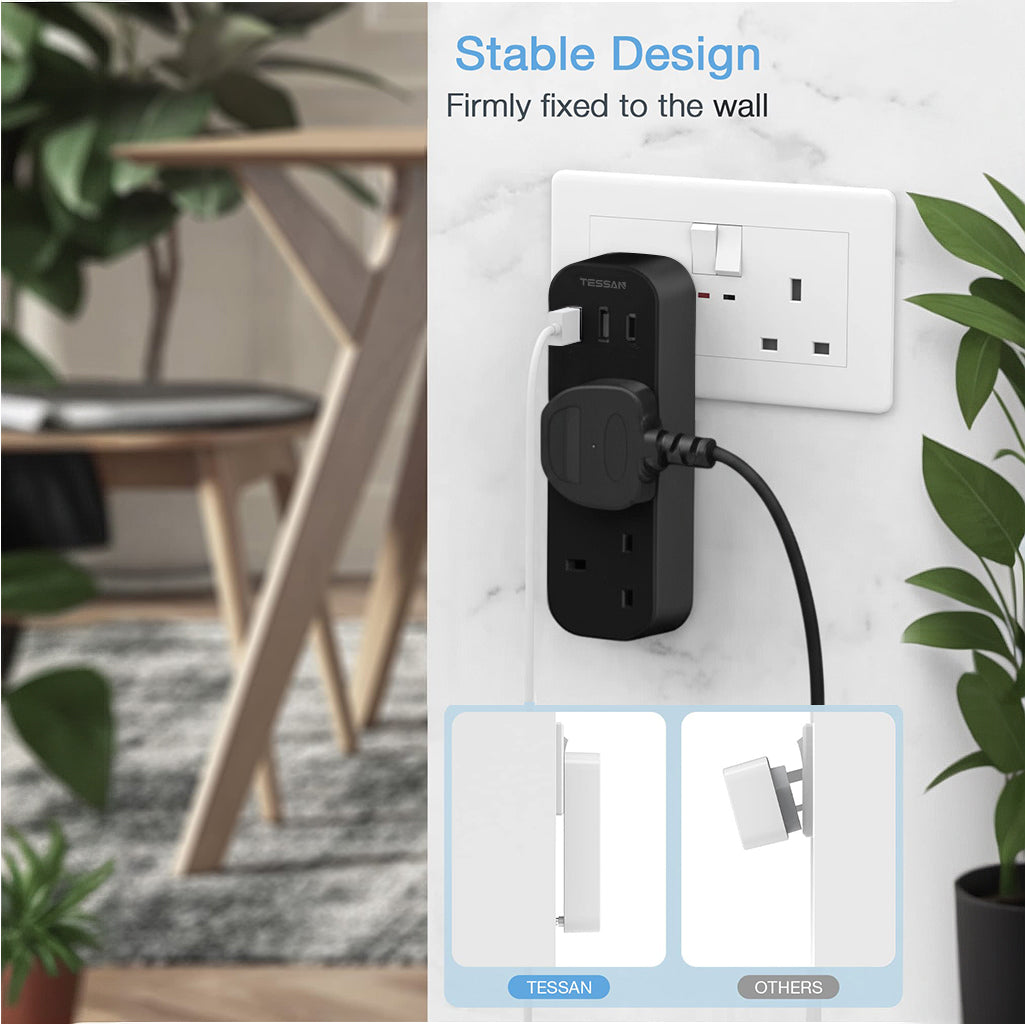 TESSAN - Vertical Socket Extension Double Plug Adaptor with 3 USB Slots , Black