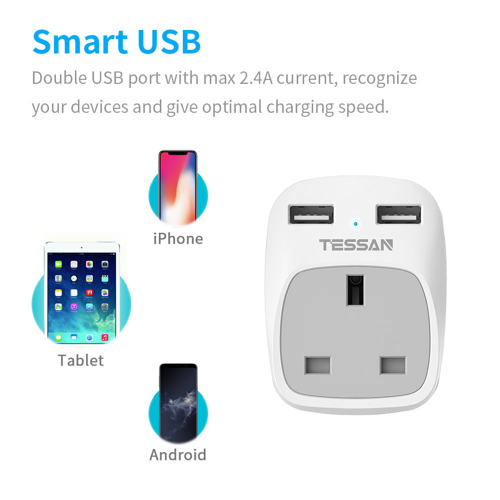 TESSAN - USB Plug Adaptor For Travel to UK US EU Japan Outlet with 2 USB Ports