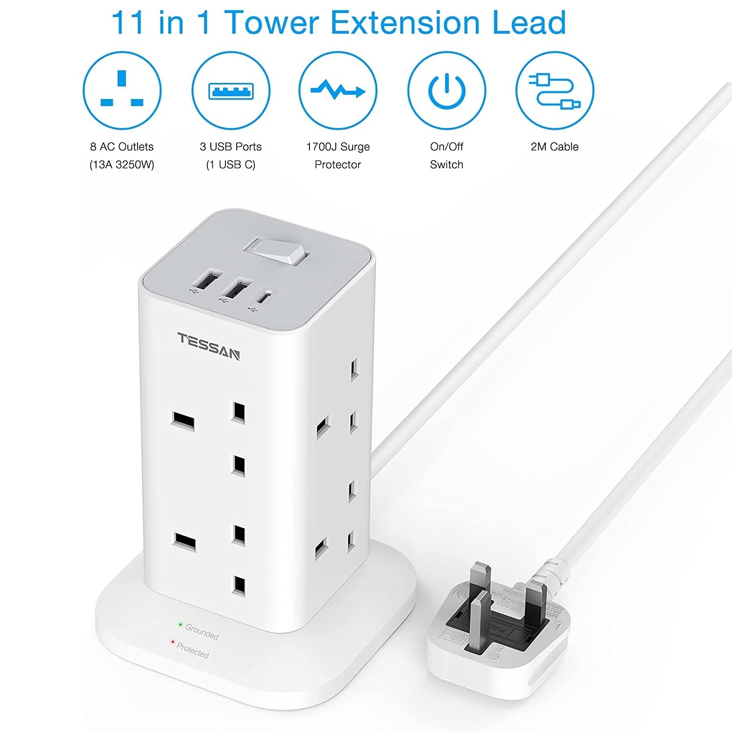 TESSAN - Extension Cord Tower 8 Ways Socket Outlet with 2 USB-A & 1 USB-C Ports