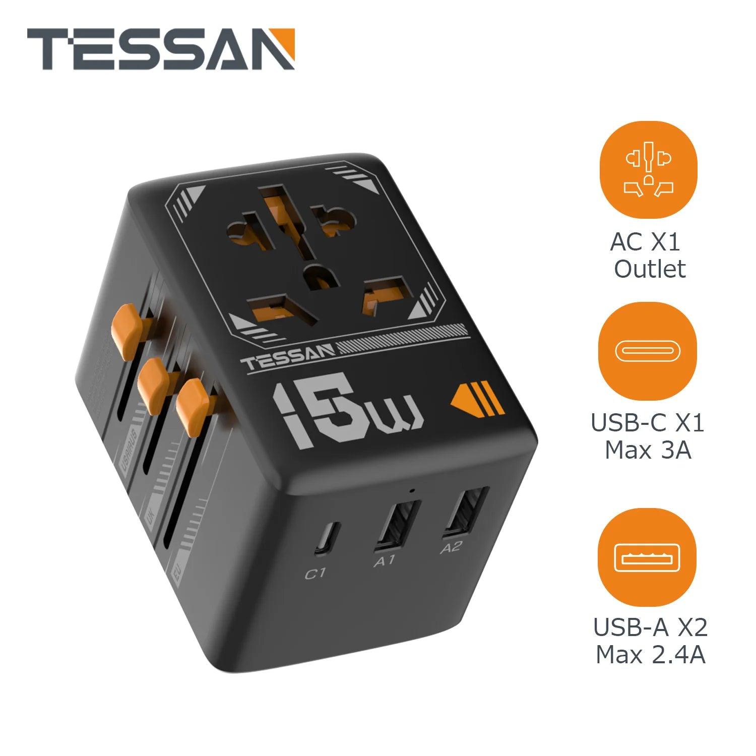 TESSAN - International 15W Travel Adapter Plug with 1 USB C and 2 USB Charging Ports