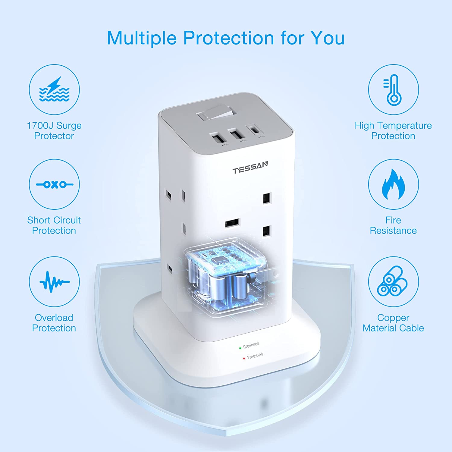 TESSAN - Extension Cord Tower 8 Ways Socket Outlet with 2 USB-A & 1 USB-C Ports