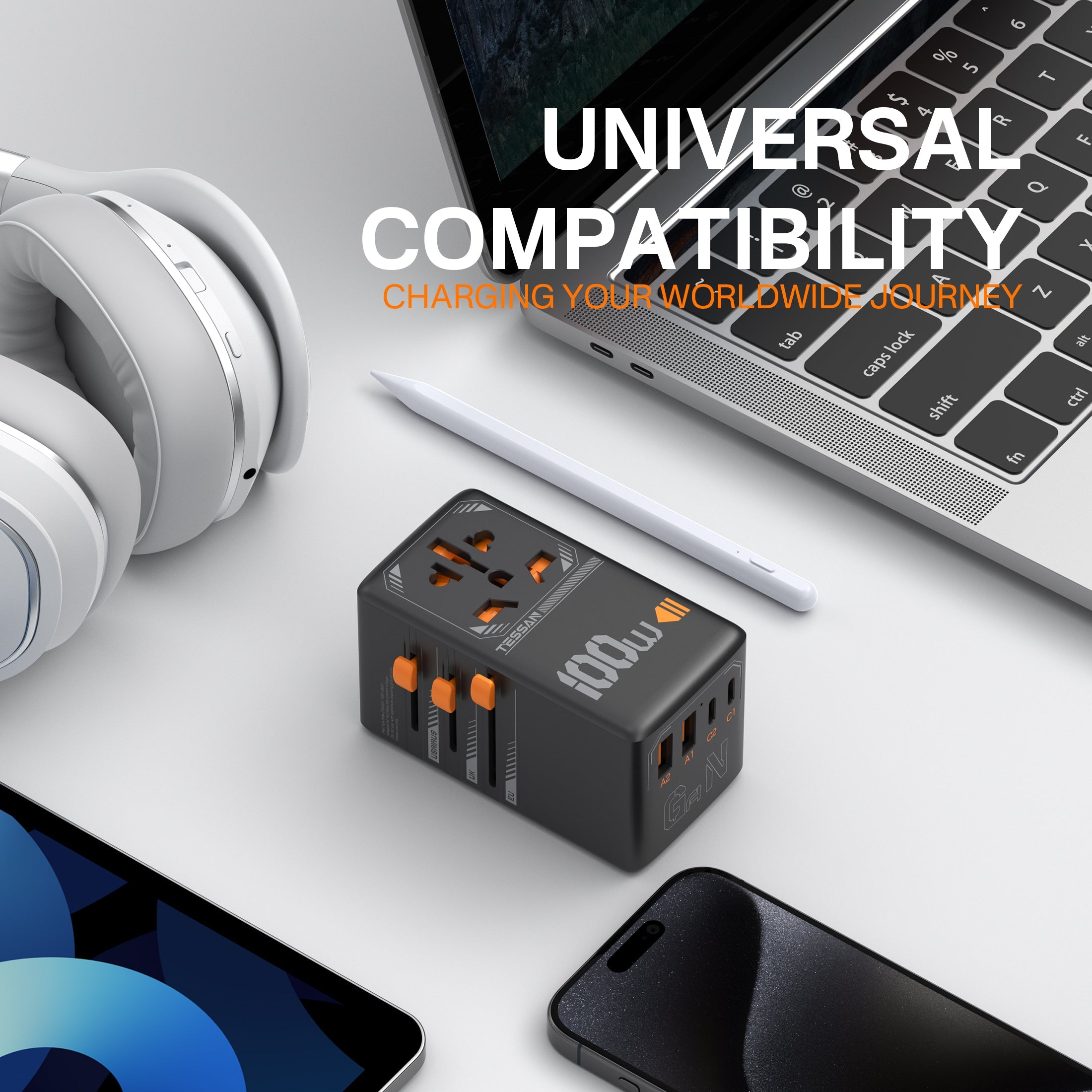 TESSAN - International 100W Fast Charging Adaptor with 2 USB C & 2 USB Charging Ports