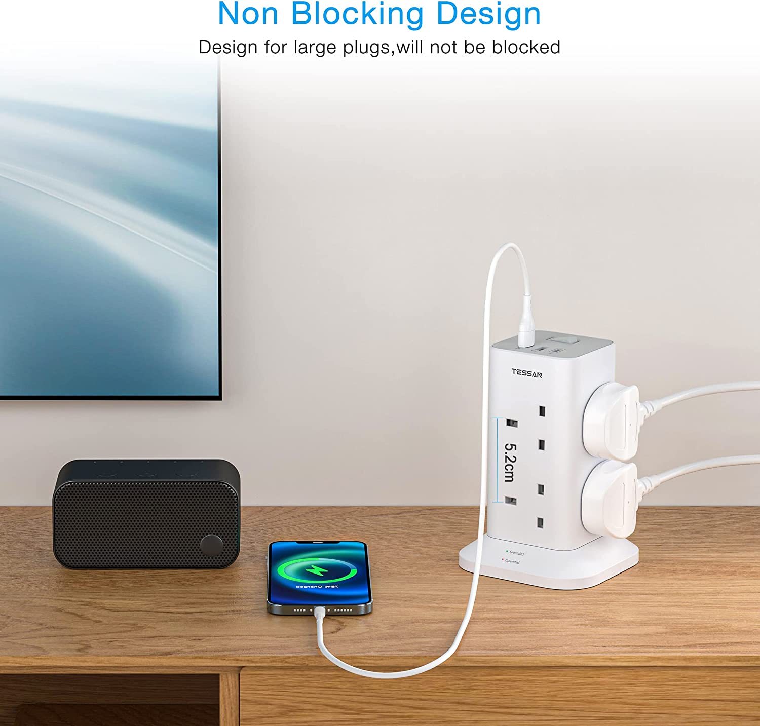 TESSAN - Extension Cord Tower 8 Ways Socket Outlet with 2 USB-A & 1 USB-C Ports