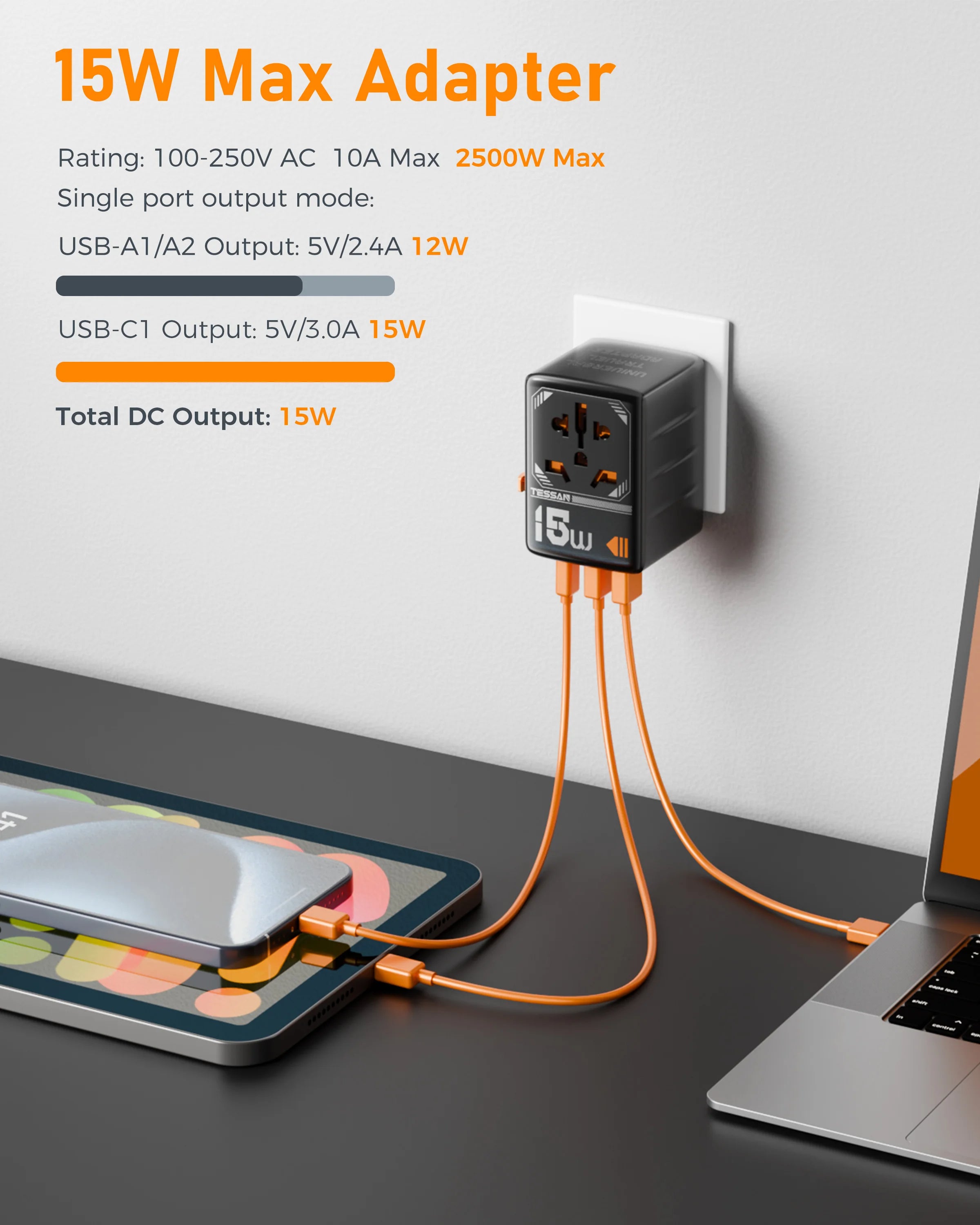 TESSAN - International 15W Travel Adapter Plug with 1 USB C and 2 USB Charging Ports
