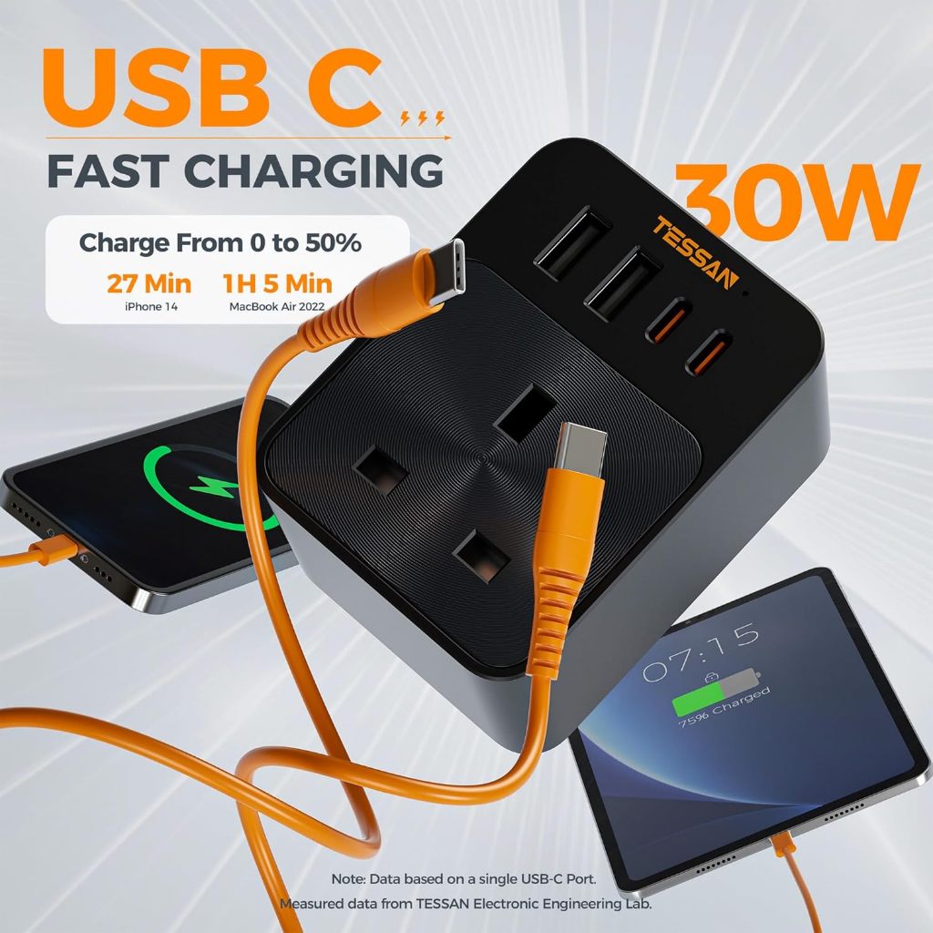 TESSAN - Surge Protection PD30W Wall Plug Socket Extension Power Adapter Multi Charger