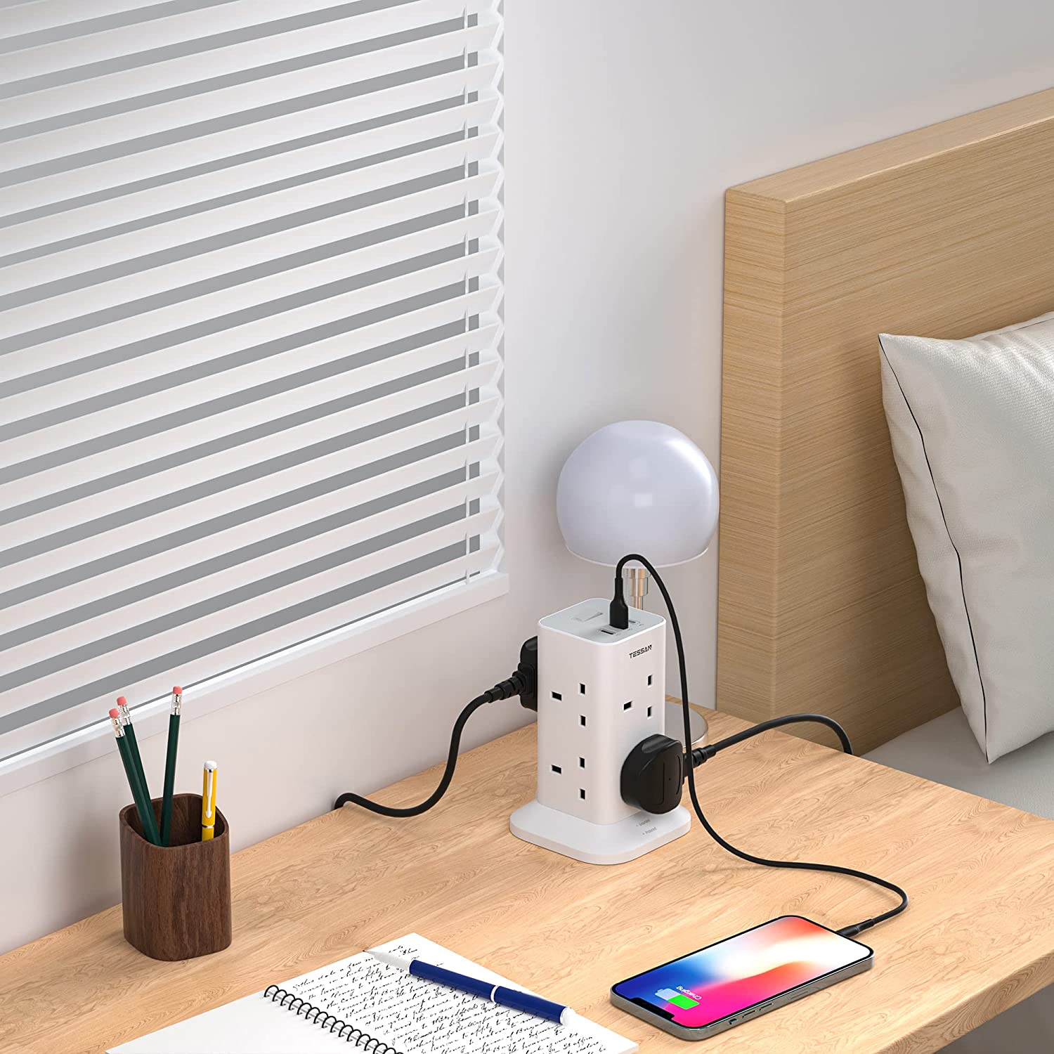 TESSAN - Extension Cord Tower 8 Ways Socket Outlet with 2 USB-A & 1 USB-C Ports