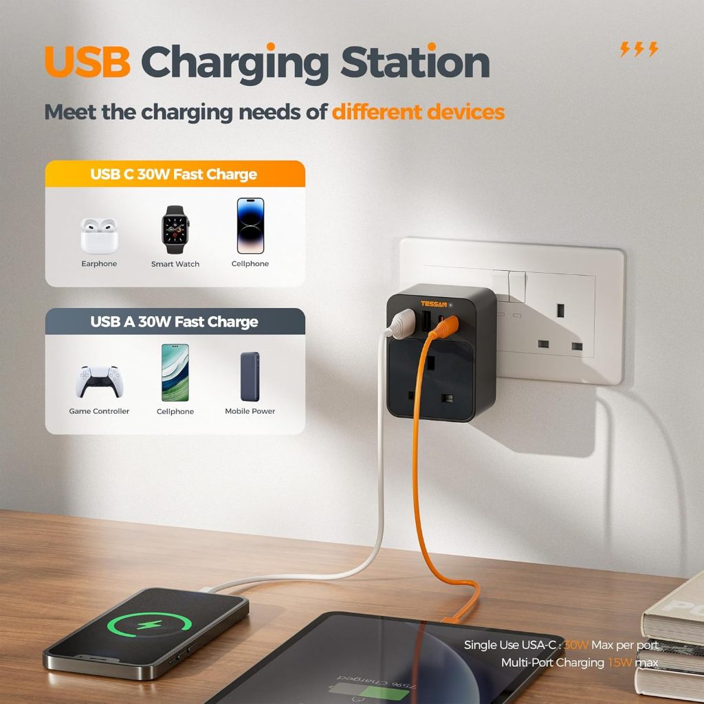 TESSAN - Surge Protection PD30W Wall Plug Socket Extension Power Adapter Multi Charger