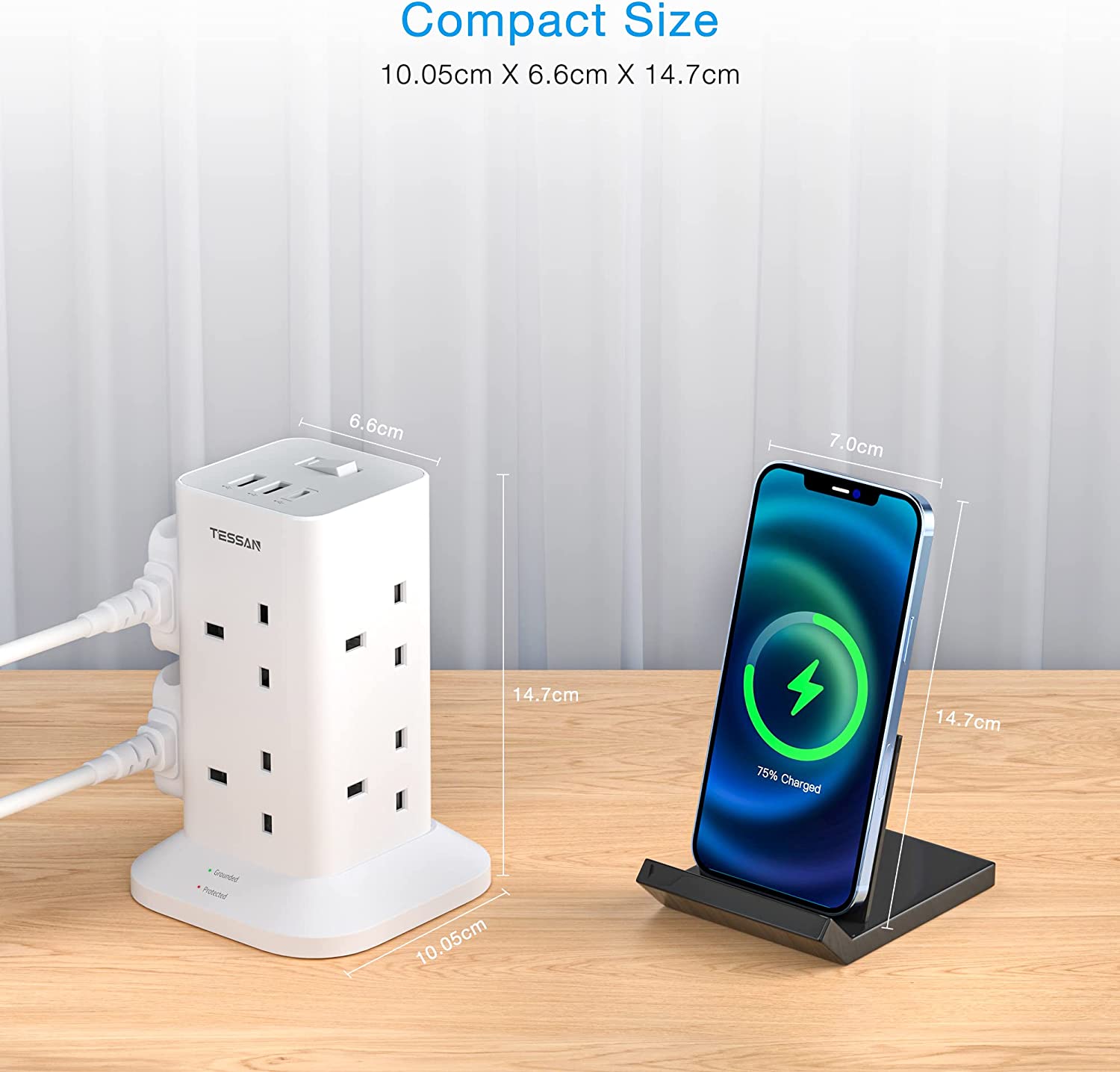 TESSAN - Extension Cord Tower 8 Ways Socket Outlet with 2 USB-A & 1 USB-C Ports