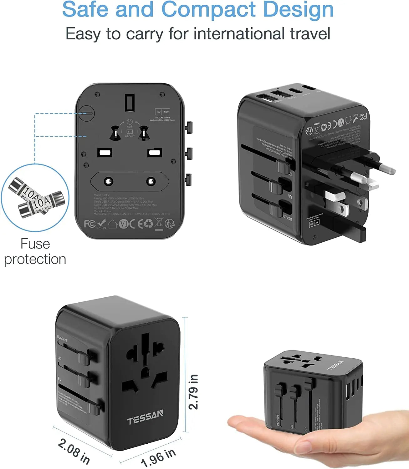 TESSAN - 28W Universal International Travel Plug Adapter with 2 USB & 3 USB C Ports