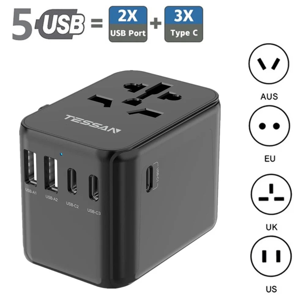 TESSAN - 28W Universal International Travel Plug Adapter with 2 USB & 3 USB C Ports