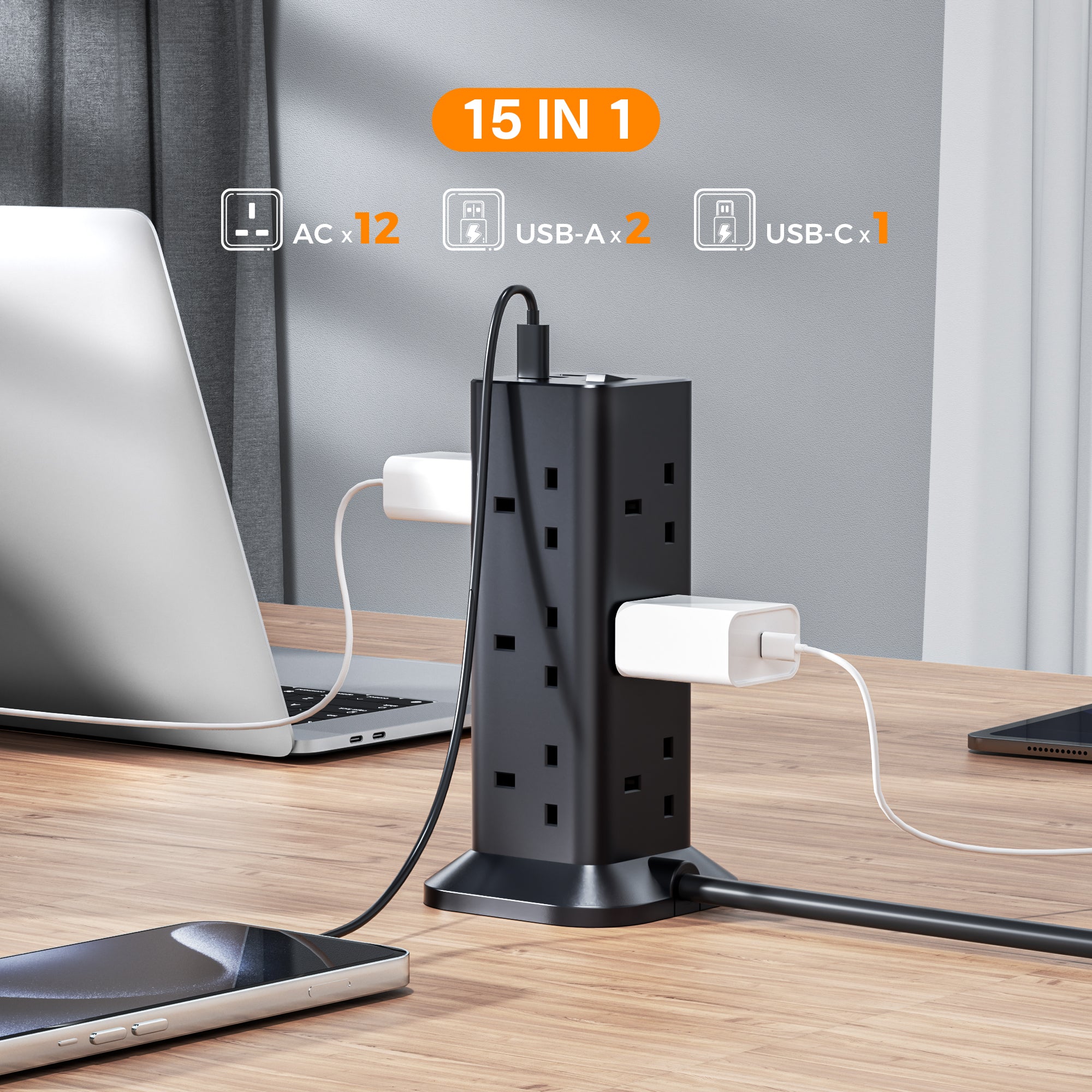 TESSAN - Black Socket Tower 12 Ways Outlet Extension Plug with Multi Plugs