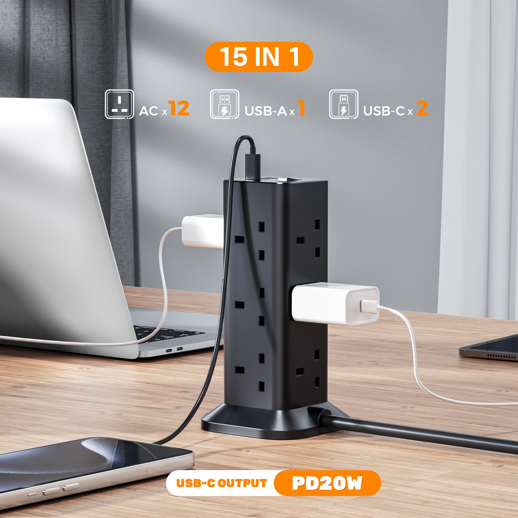 TESSAN - Fast Charging 20W Extension Tower 12 Outlets Extension Plug with 2 Type-C