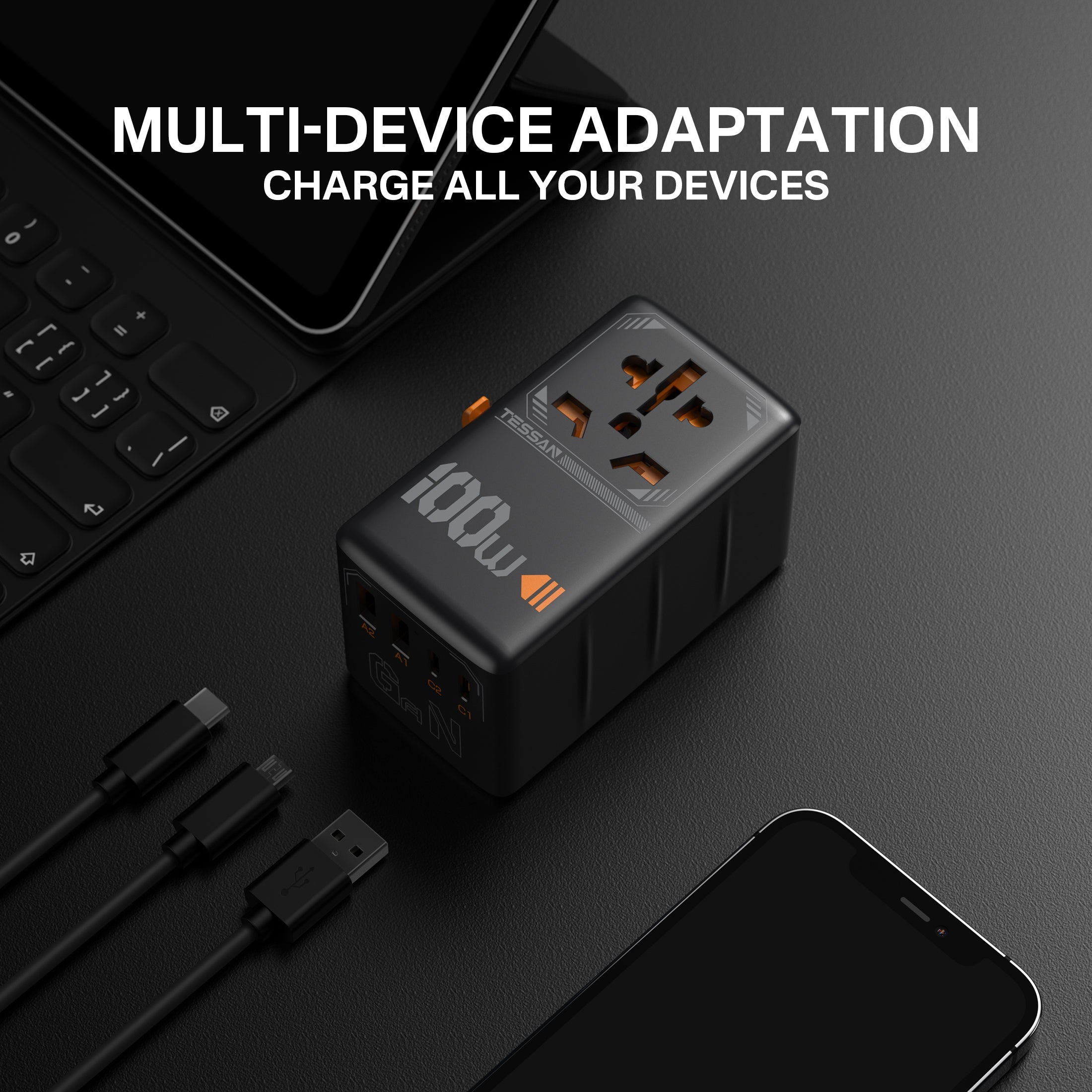 TESSAN - International 100W Fast Charging Adaptor with 2 USB C & 2 USB Charging Ports