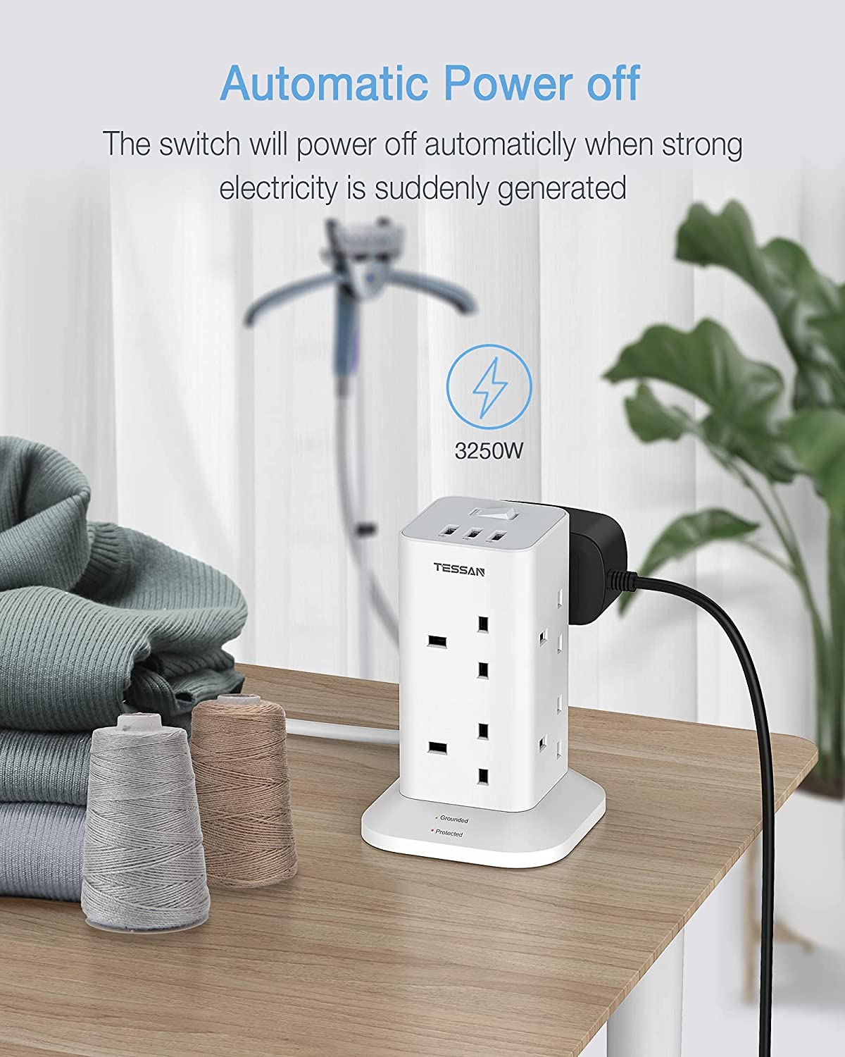 TESSAN - Extension Cord Tower 8 Ways Socket Outlet with 2 USB-A & 1 USB-C Ports