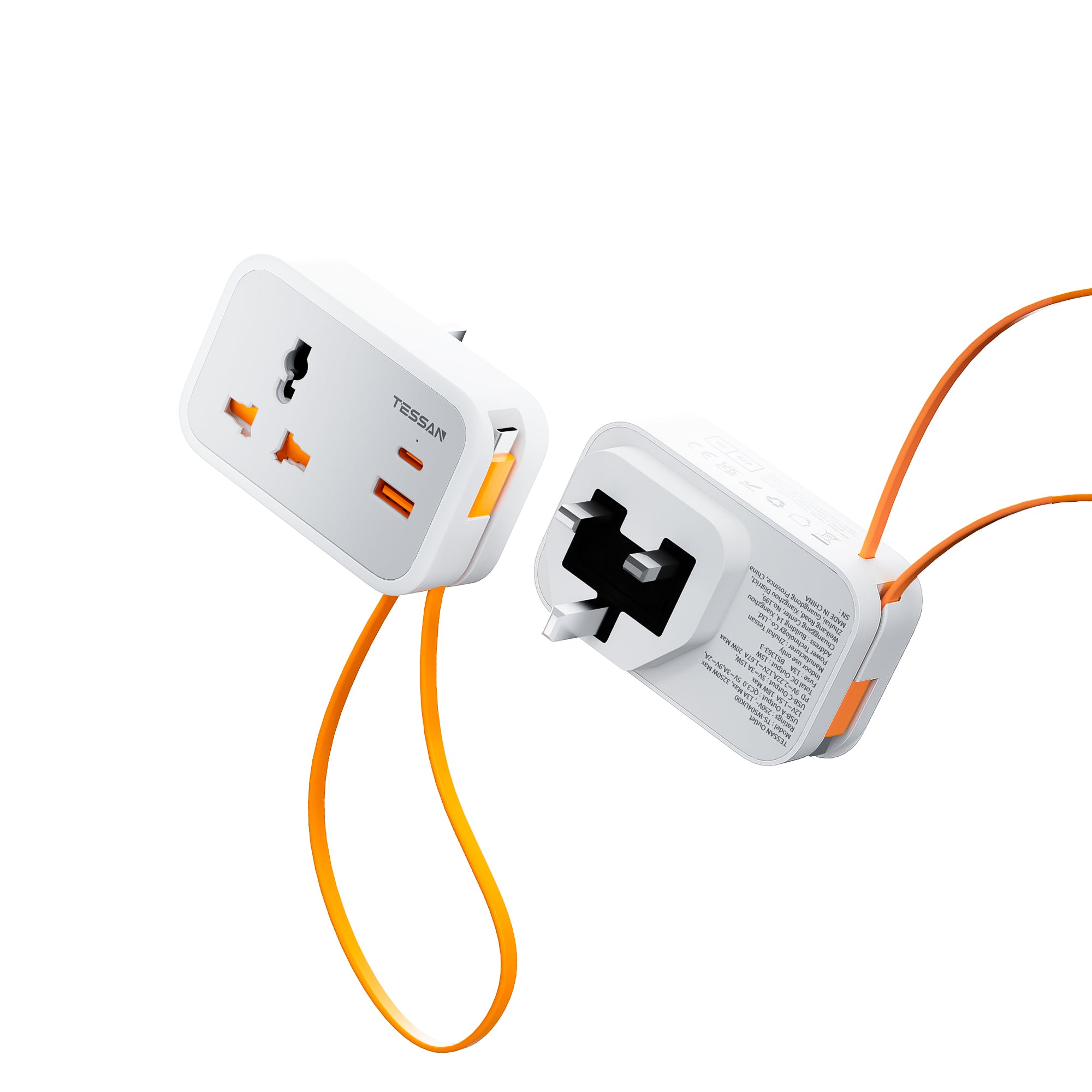 TESSAN - Wall Plug Socket Extender with USB-C Cable Universal Gang and 2 USB Ports