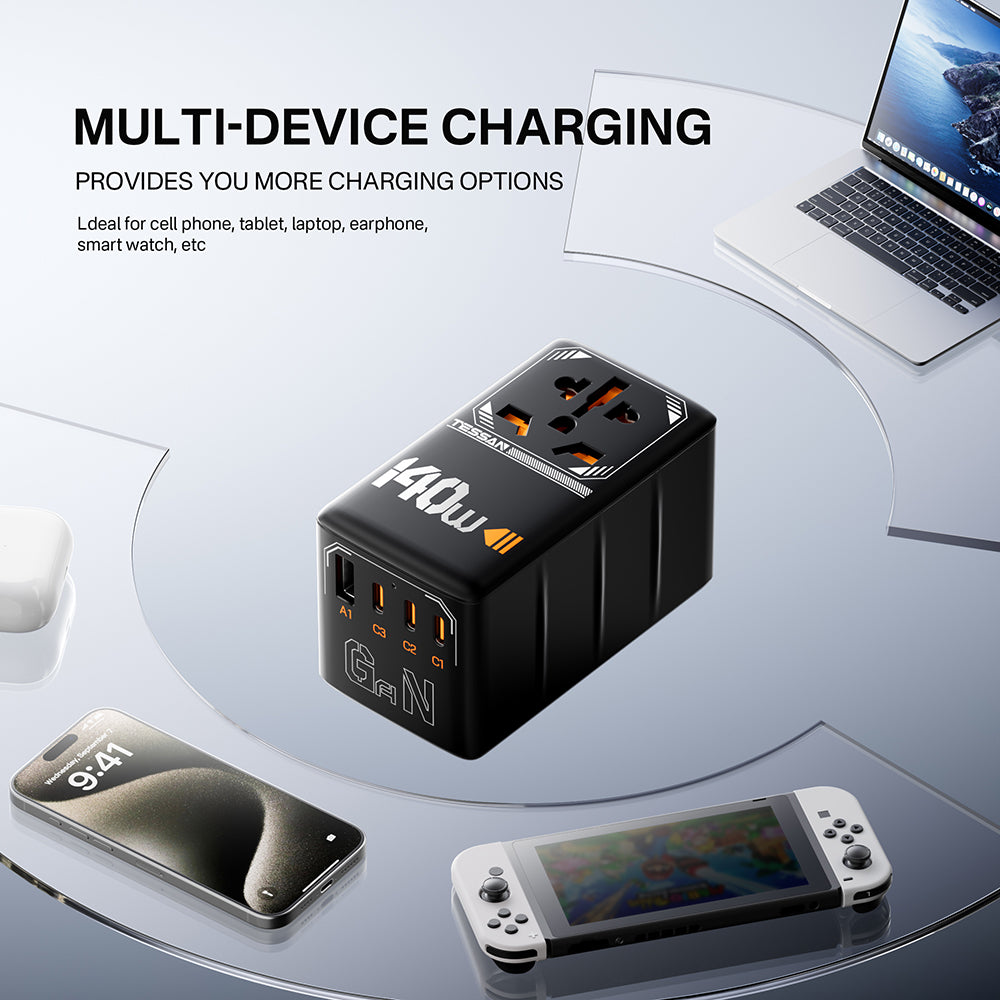 TESSAN - 140W Universal Travel Adapter GaN Charger with USB-C & USB Ports