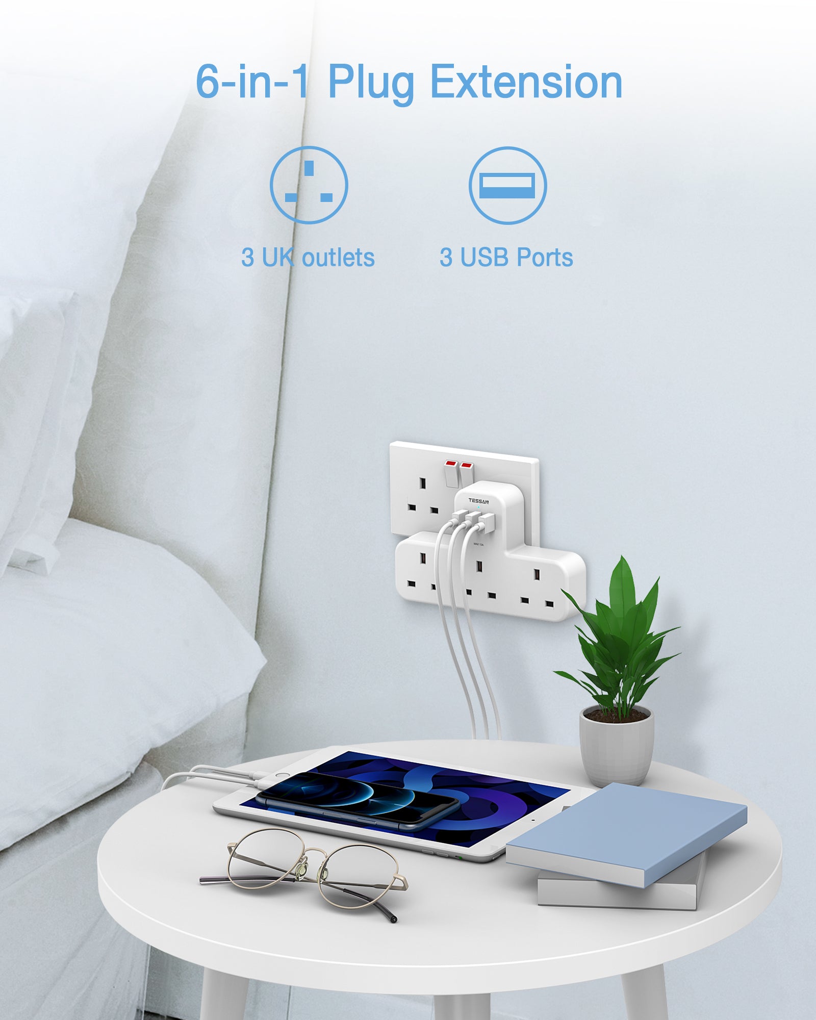 TESSAN - Extension Wall Plug with 3 AC Outlets , 3 USB-A Wall Adapter Charger
