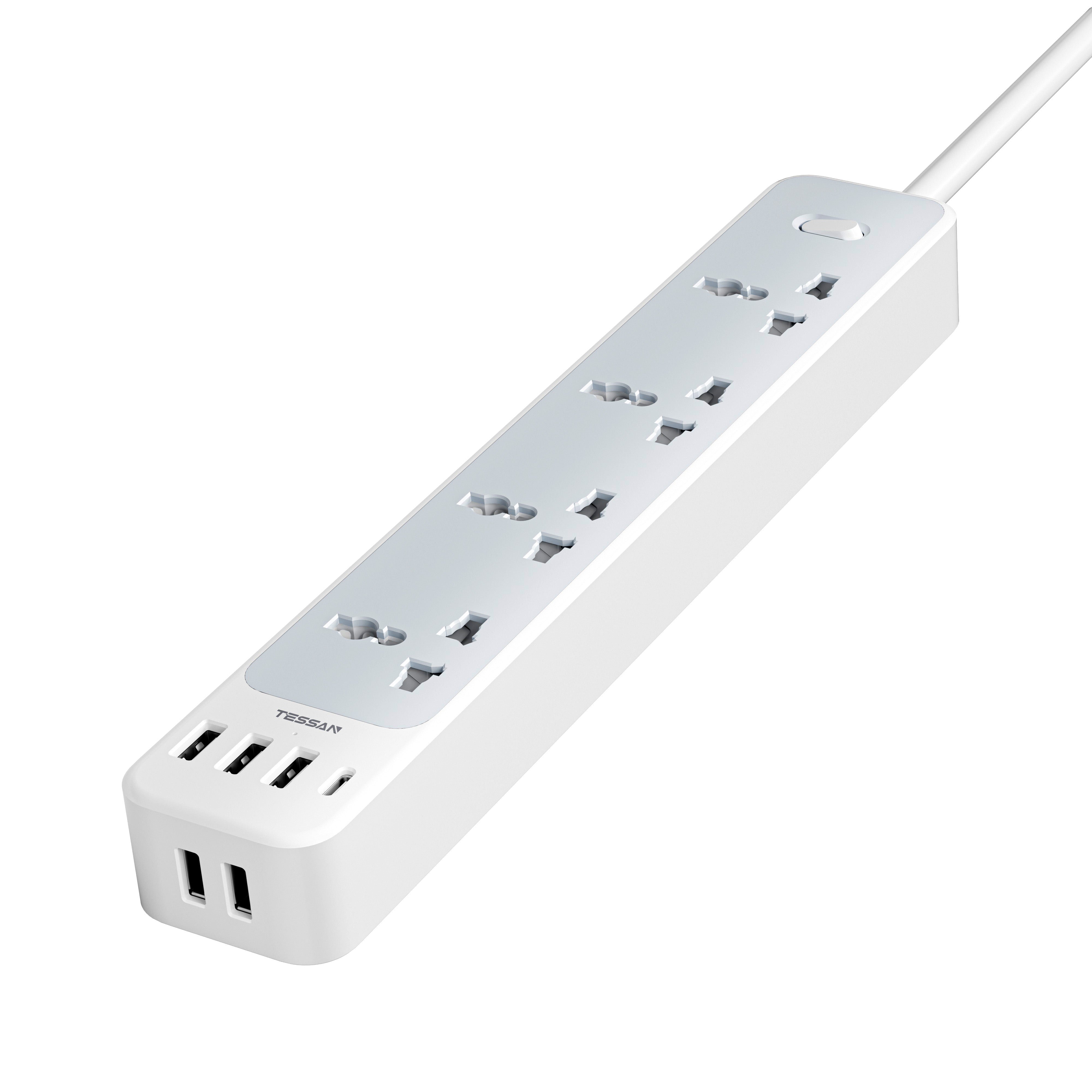 Tessan Universal Extension Cord Extension Socket With 4AC USB C 3.0A Charger Adapter 2 Meter Power Strip