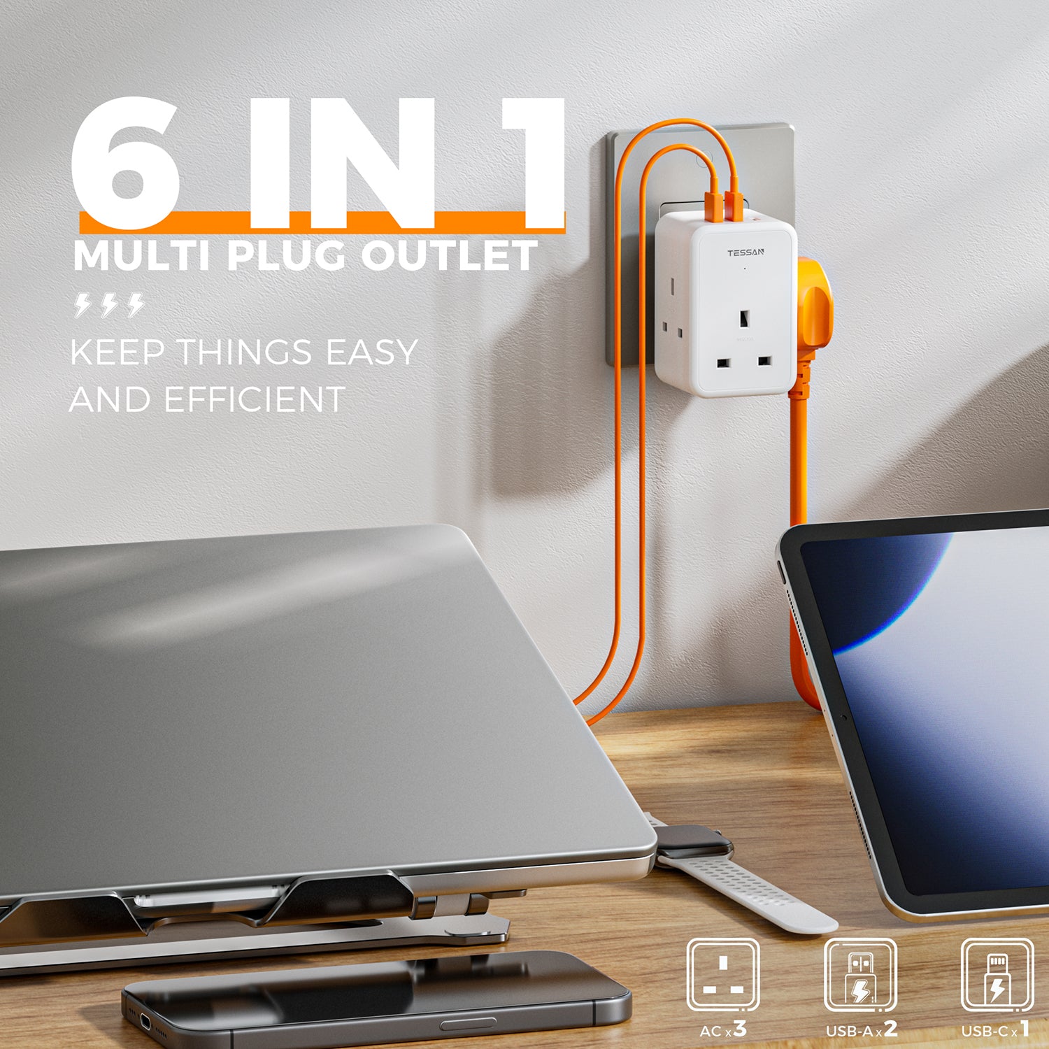 TESSAN - 3 Main Outlets Wall Socket Multi Plug Extension Wall Adapter with 2 USB and Type C