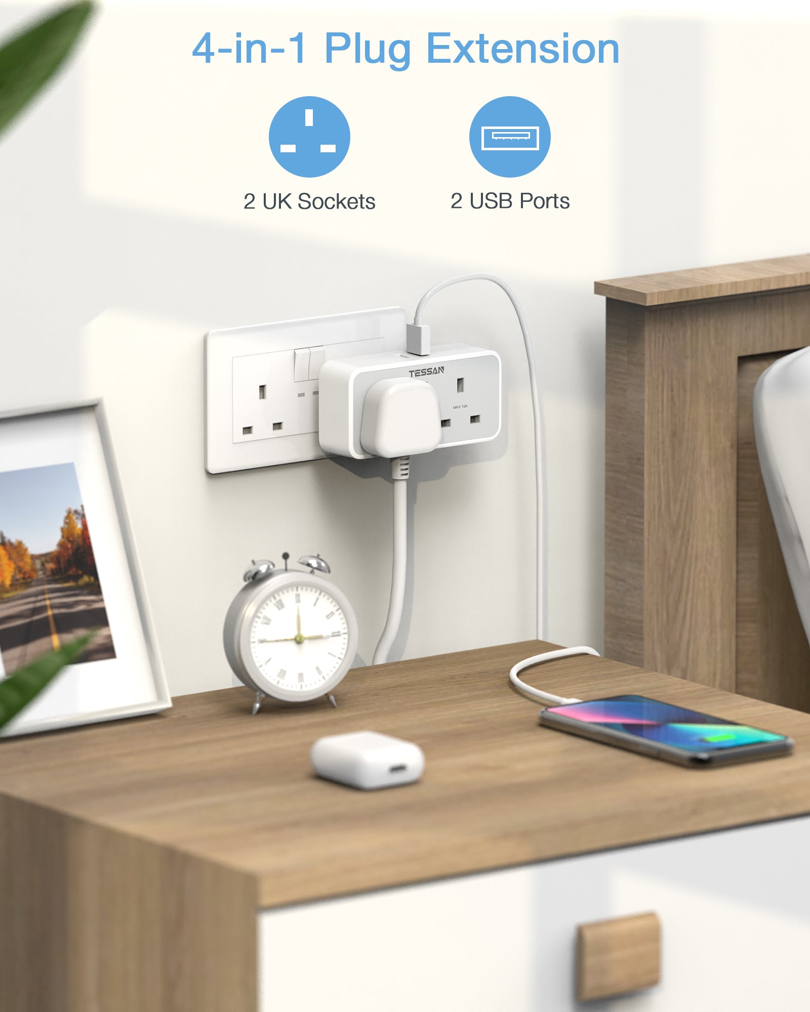 TESSAN - 2 Gangs Outlet Wall Socket Multi Plug Extension Wall Adapter with 2 USB Port / TS-225