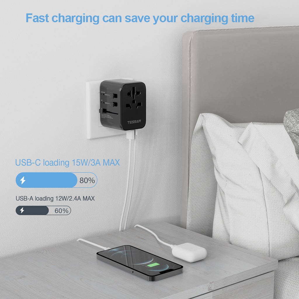 TESSAN - 17W Travel Charger Multi Plug Adaptor with 3 USB and 1 Type C / 633FC-BK