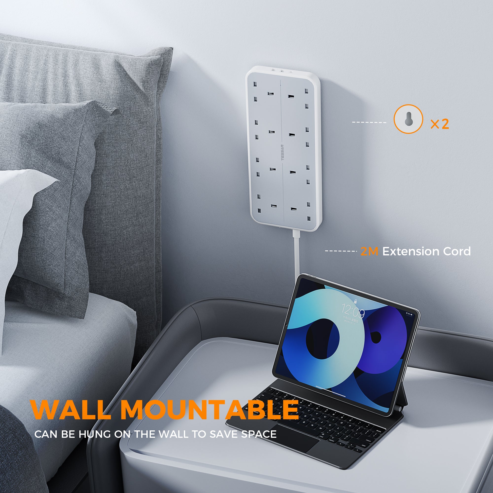 TESSAN - Power Strip 13A 8 Ways Outlet Socket Multi Plug Extension Leads UK Plug