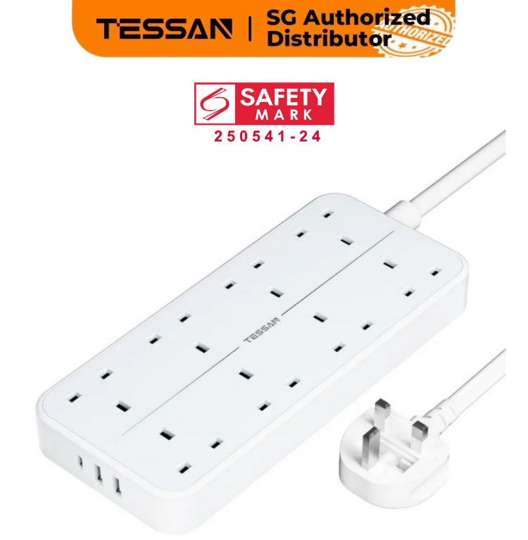 TESSAN - Power Strip 13A 8 Ways Outlet Socket Multi Plug Extension Leads UK Plug