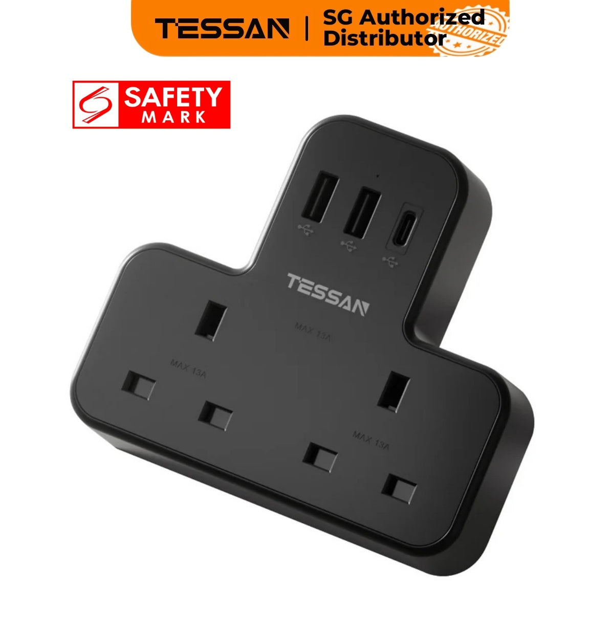 TESSAN - Safety Mark Socket Multi Plug Extension Wall Adapter with USB C , Black