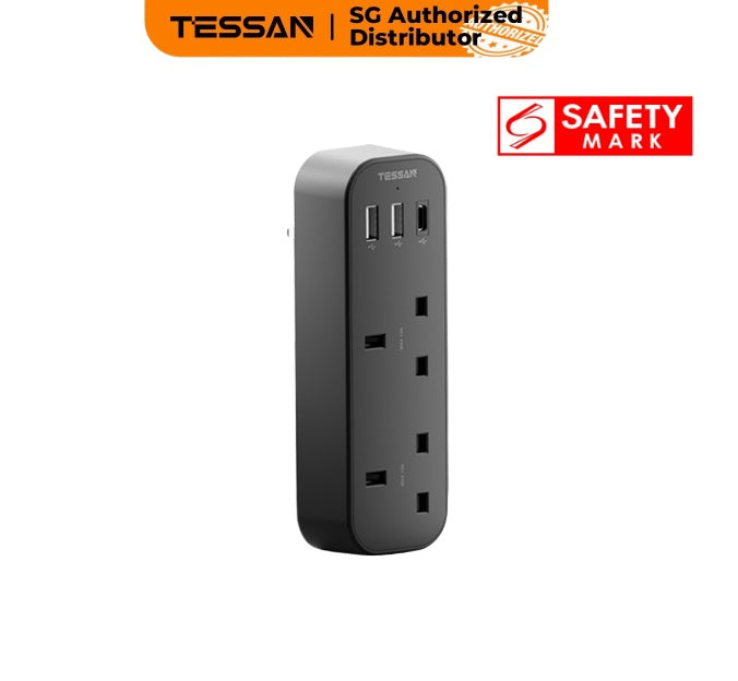 TESSAN - Vertical Socket Extension Double Plug Adaptor with 3 USB Slots , Black