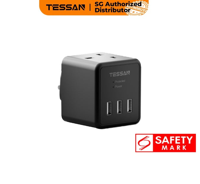 TESSAN - 5 in 1 Cube Wall Plug Extension with 2 AC Sockets and 3 USB Ports , Black