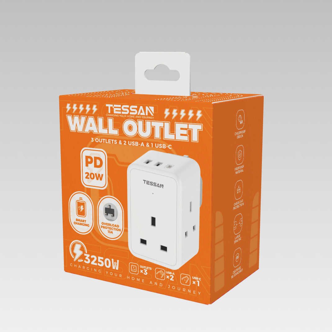 TESSAN - 3 Main Outlets Wall Socket Multi Plug Extension Wall Adapter with 2 USB and Type C