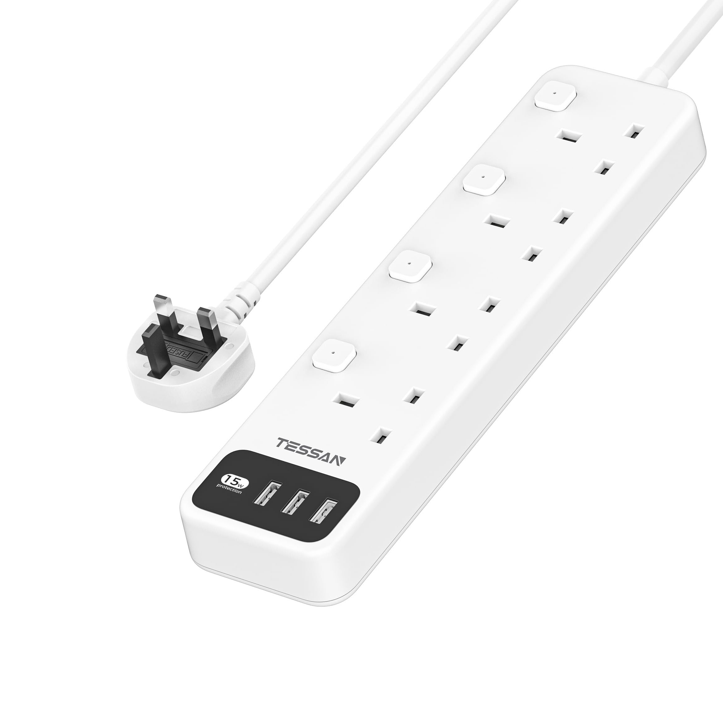TESSAN - 4 Outlets Extension Cord 13A Individual Switches with 2M Cable and USB-A