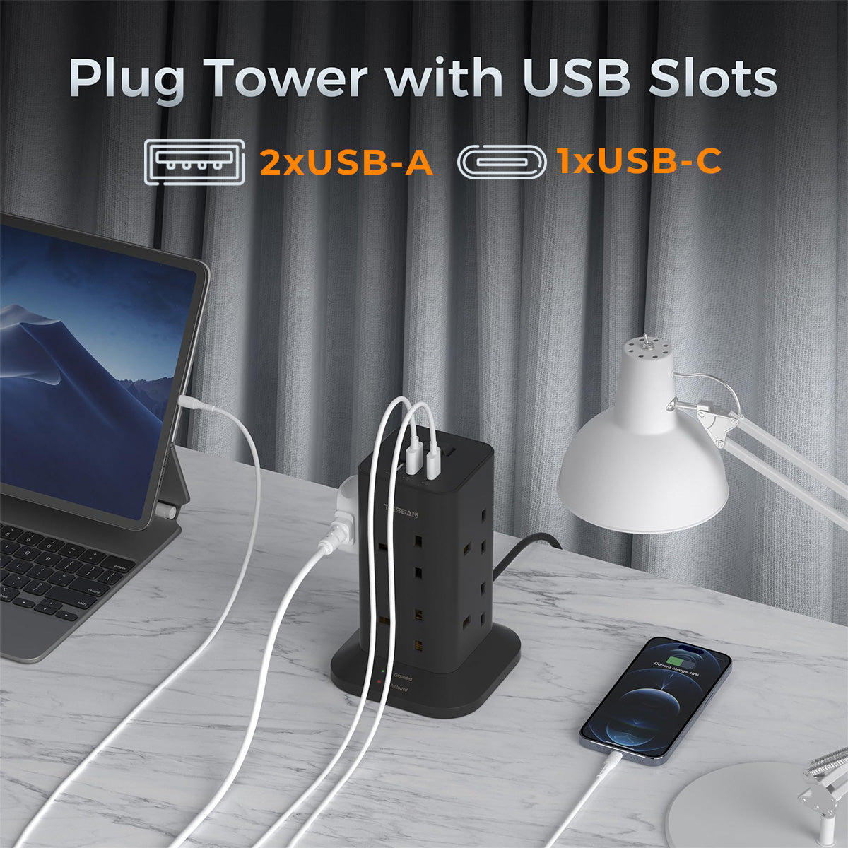 TESSAN - Black Tower 8 Sockets Outlet Plug Extension 3 Meters with 2 USB-A & 1 USB-C Ports