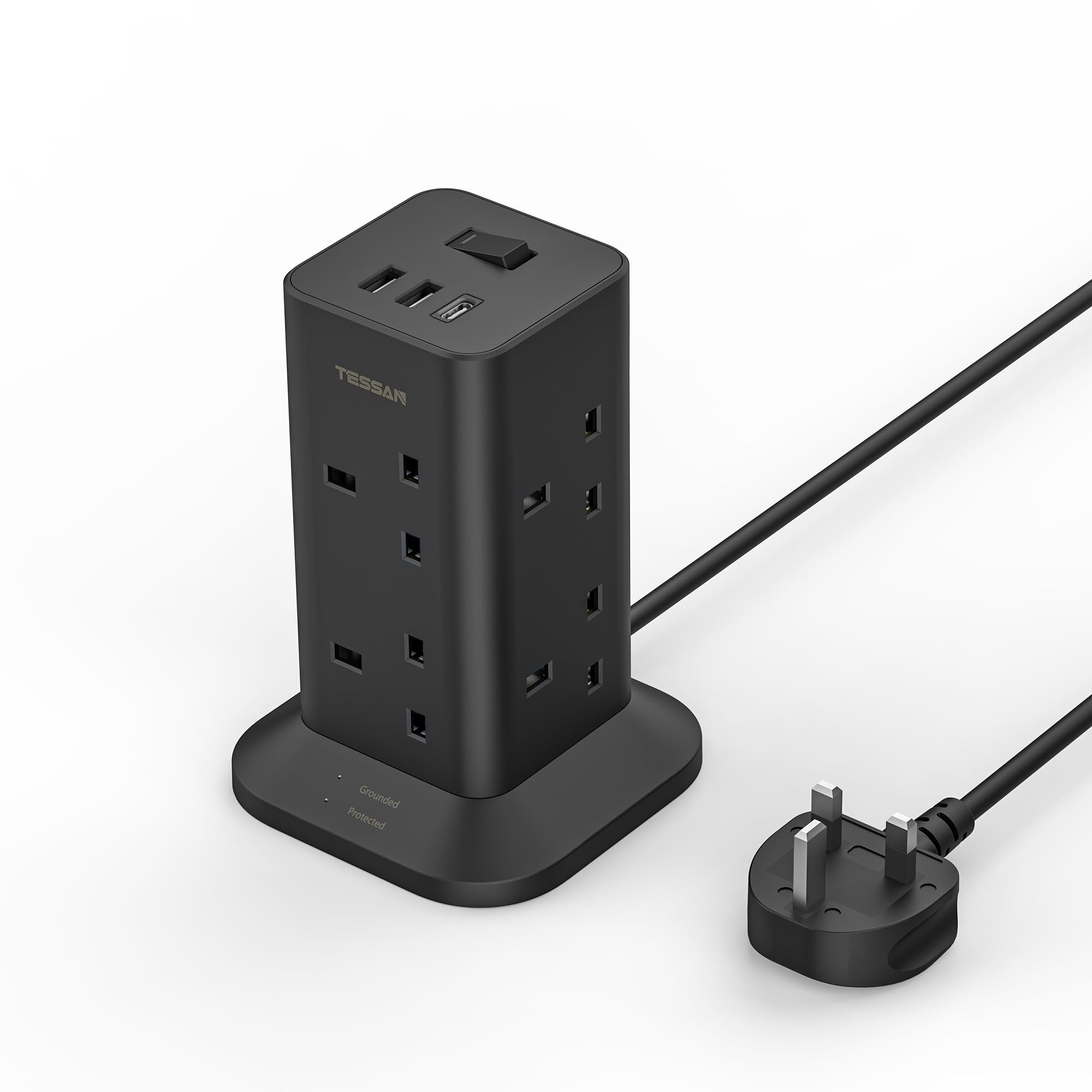 TESSAN - Black Tower 8 Sockets Outlet Plug Extension 3 Meters with 2 USB-A & 1 USB-C Ports