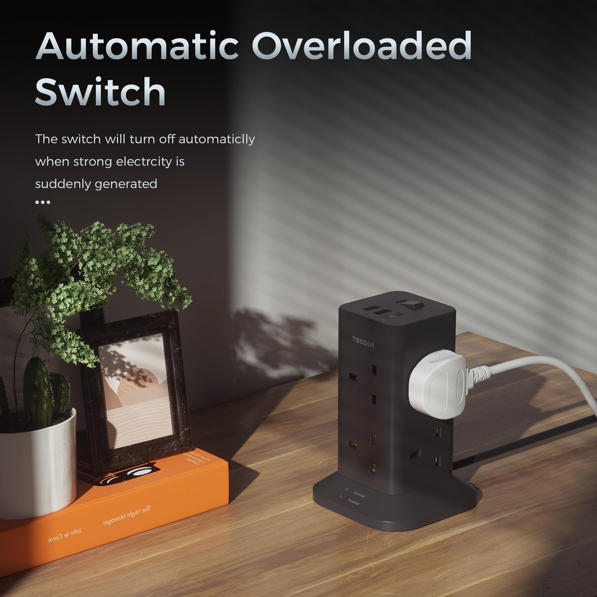 TESSAN - Black Tower 8 Sockets Outlet Plug Extension 3 Meters with 2 USB-A & 1 USB-C Ports