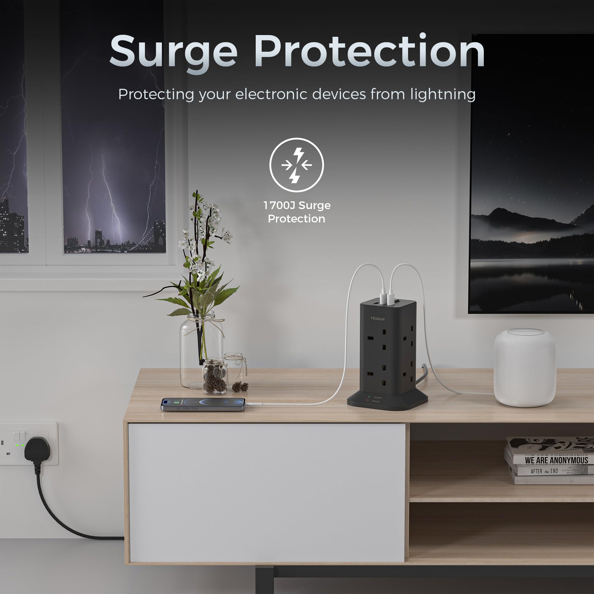 TESSAN - Black Tower 8 Sockets Outlet Plug Extension 3 Meters with 2 USB-A & 1 USB-C Ports