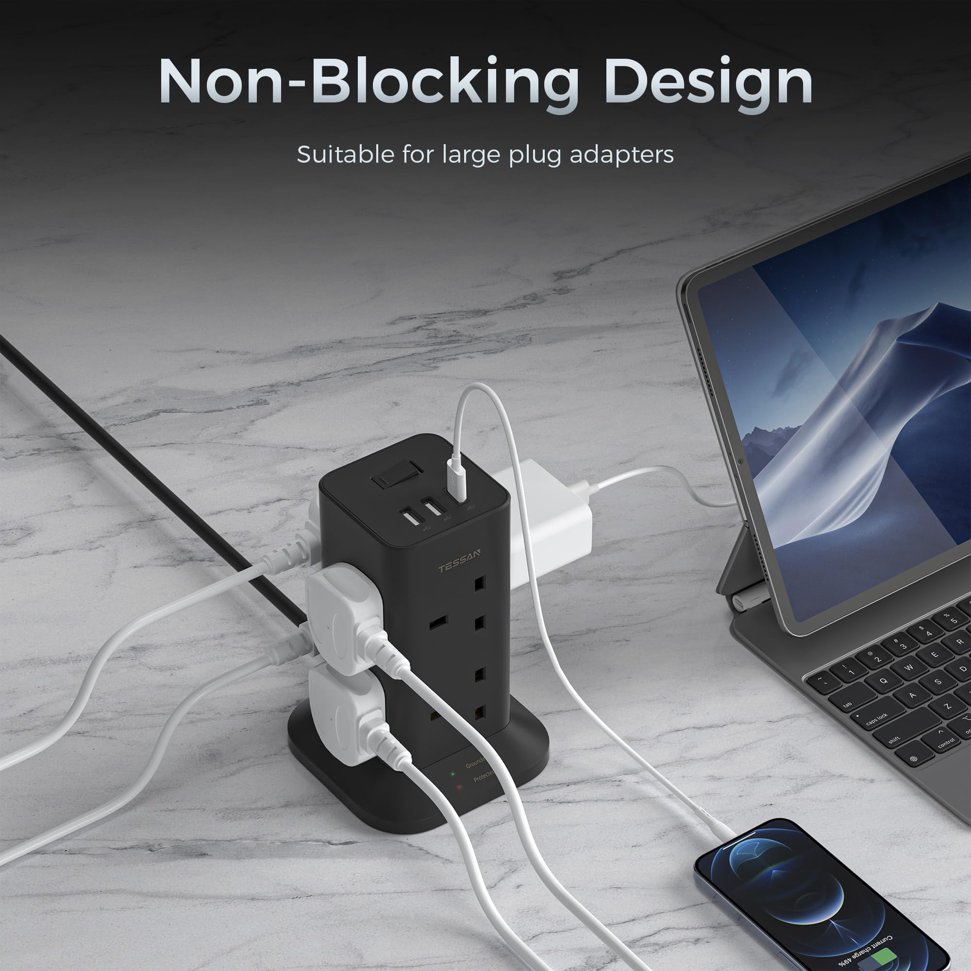 TESSAN - Black Tower 8 Sockets Outlet Plug Extension 3 Meters with 2 USB-A & 1 USB-C Ports