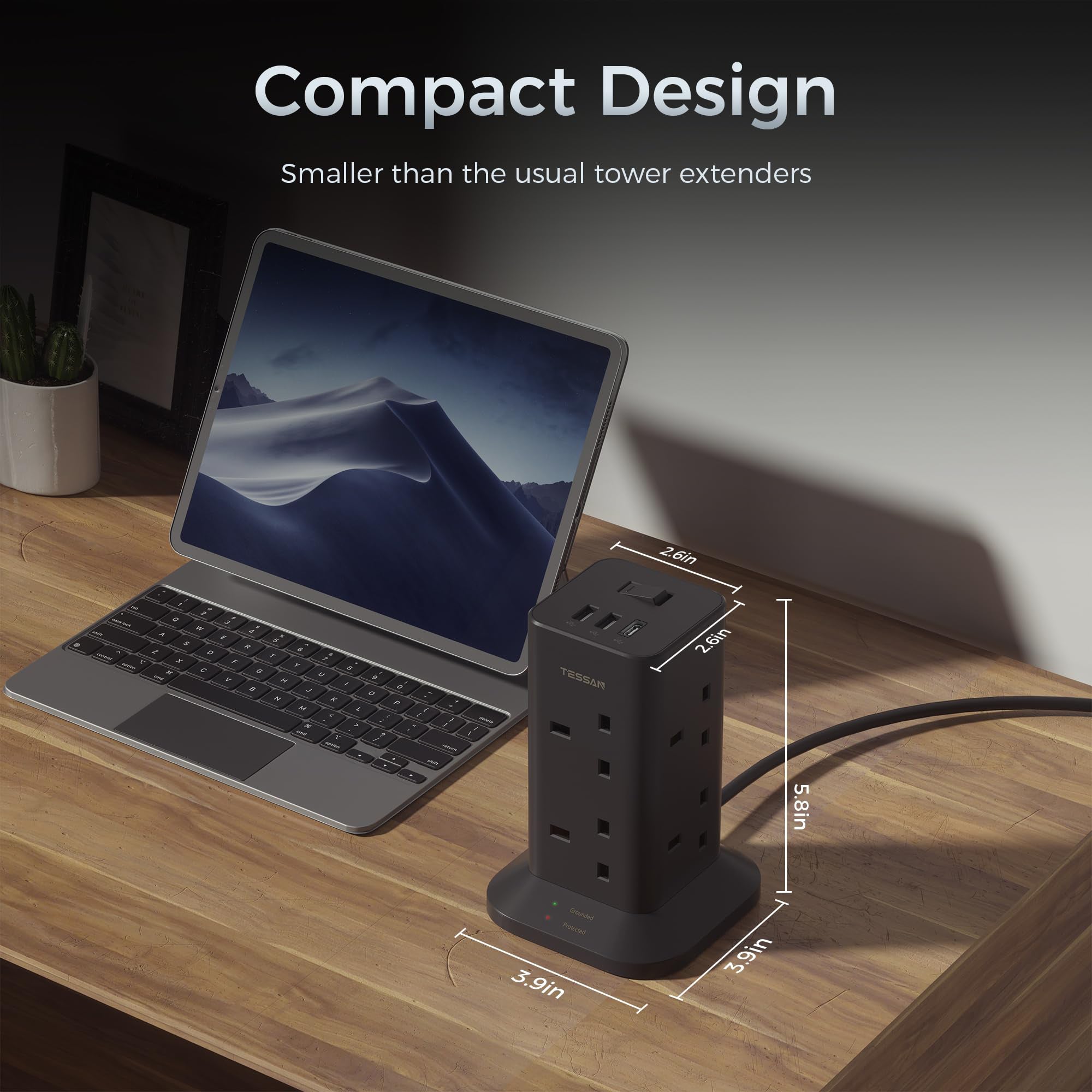 TESSAN - Black Tower 8 Sockets Outlet Plug Extension 3 Meters with 2 USB-A & 1 USB-C Ports
