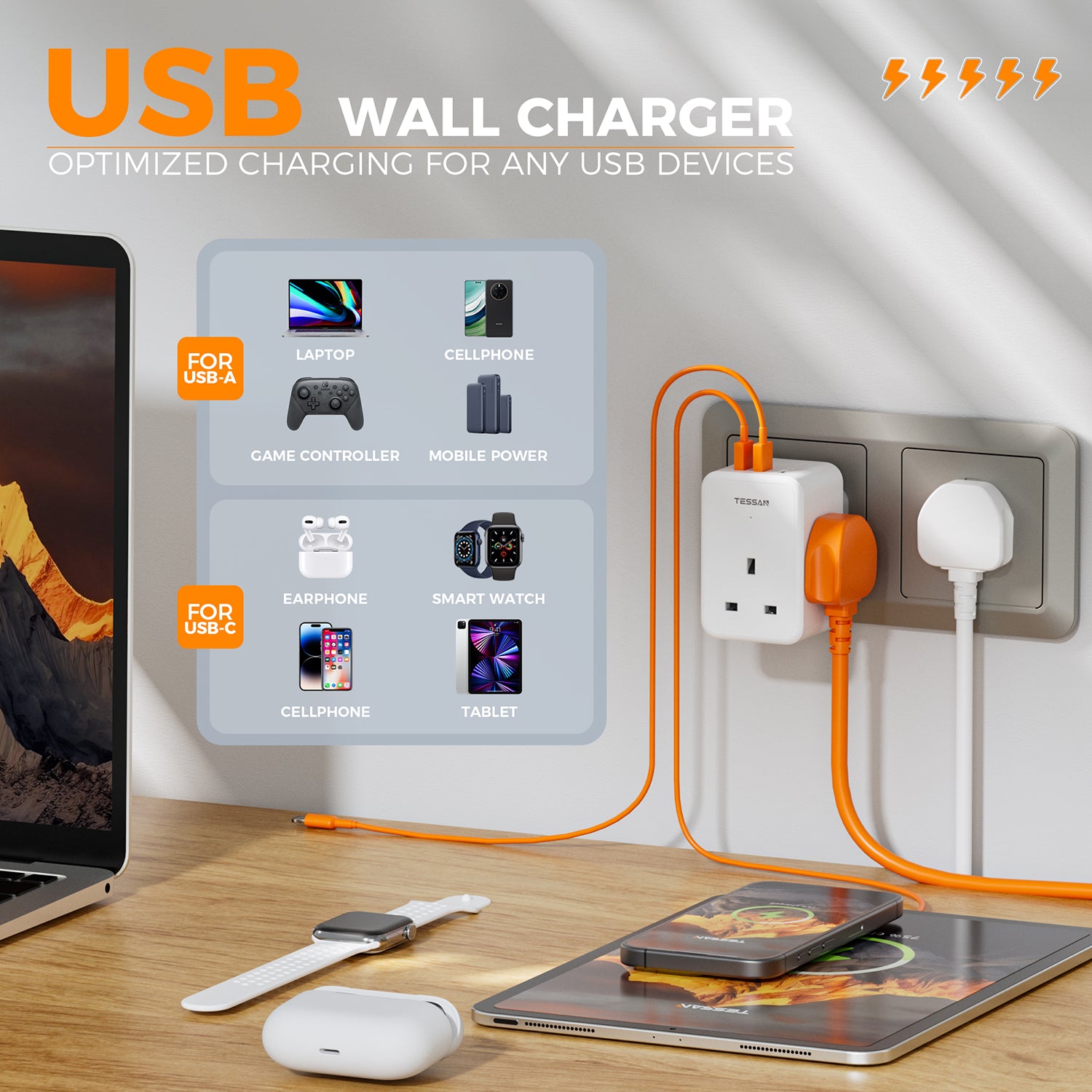 TESSAN - 3 Main Outlets Wall Socket Multi Plug Extension Wall Adapter with 2 USB and Type C
