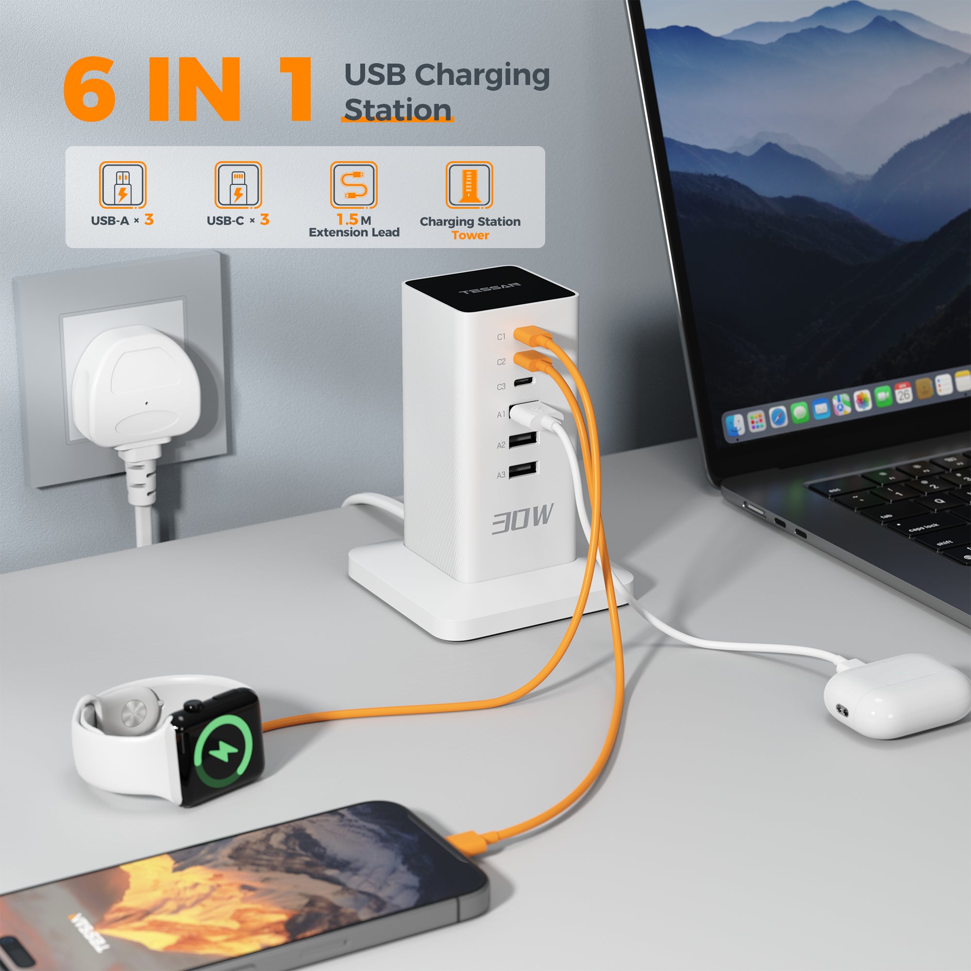 TESSAN - 30W Desktop Charging Station 6-Port Charging Hub With USB C for Multi Devices
