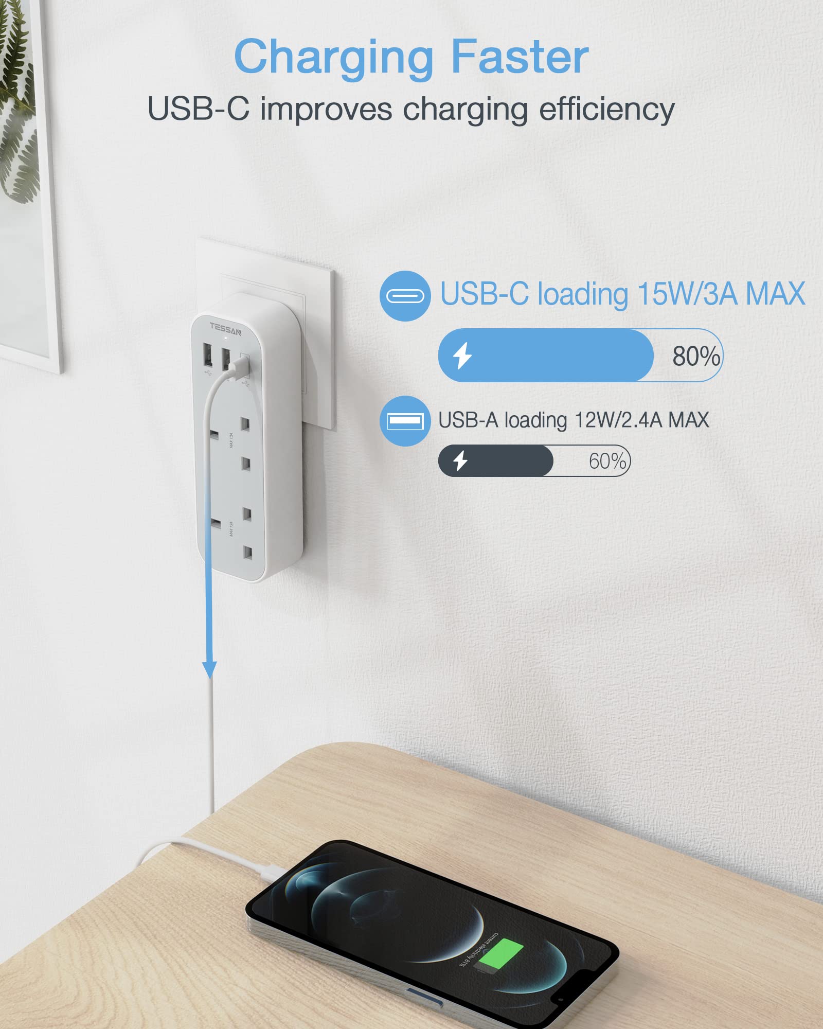 TESSAN - Vertical Socket Extension Double Plug Adaptor with 3 USB Slots , Black