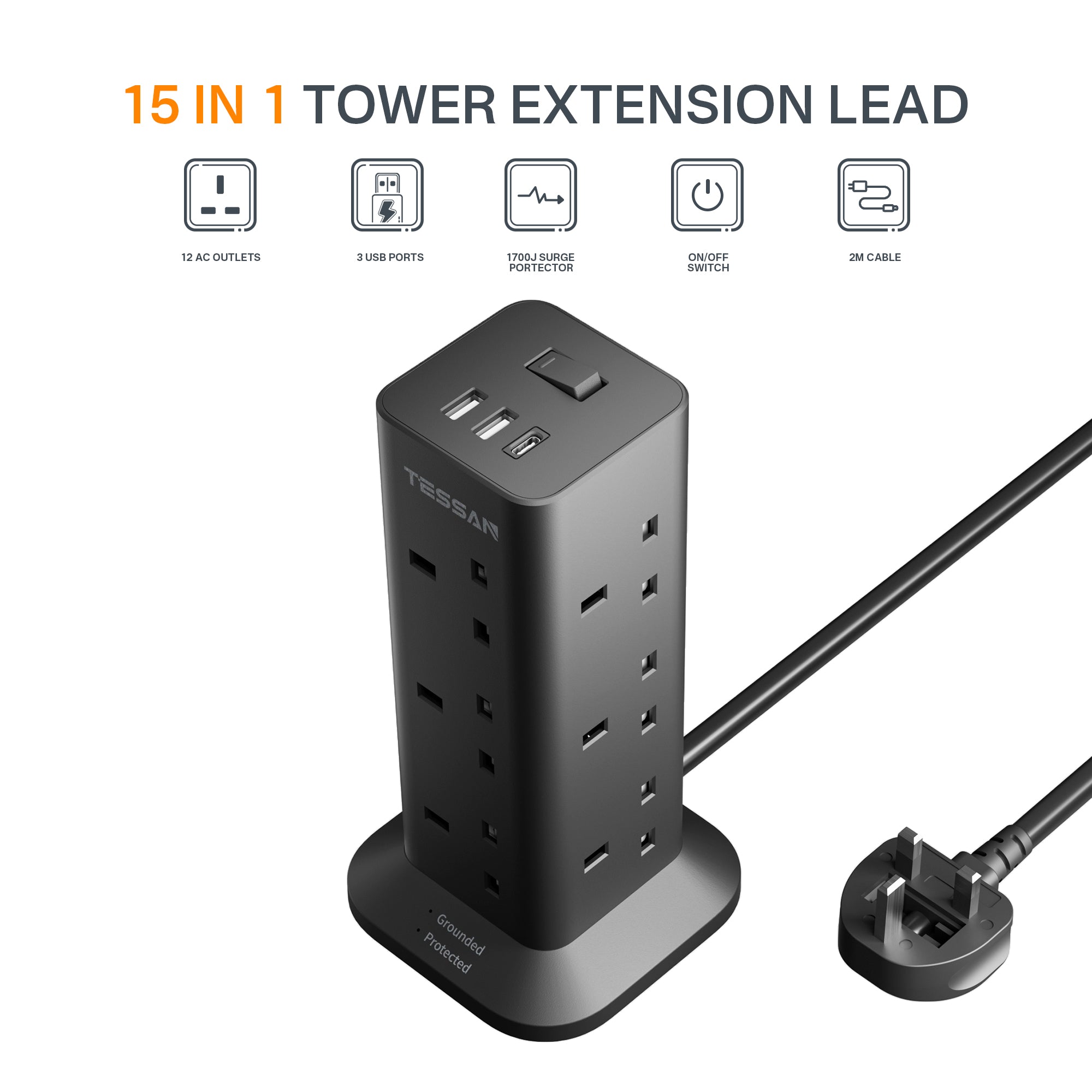 TESSAN - Black Socket Tower 12 Ways Outlet Extension Plug with Multi Plugs