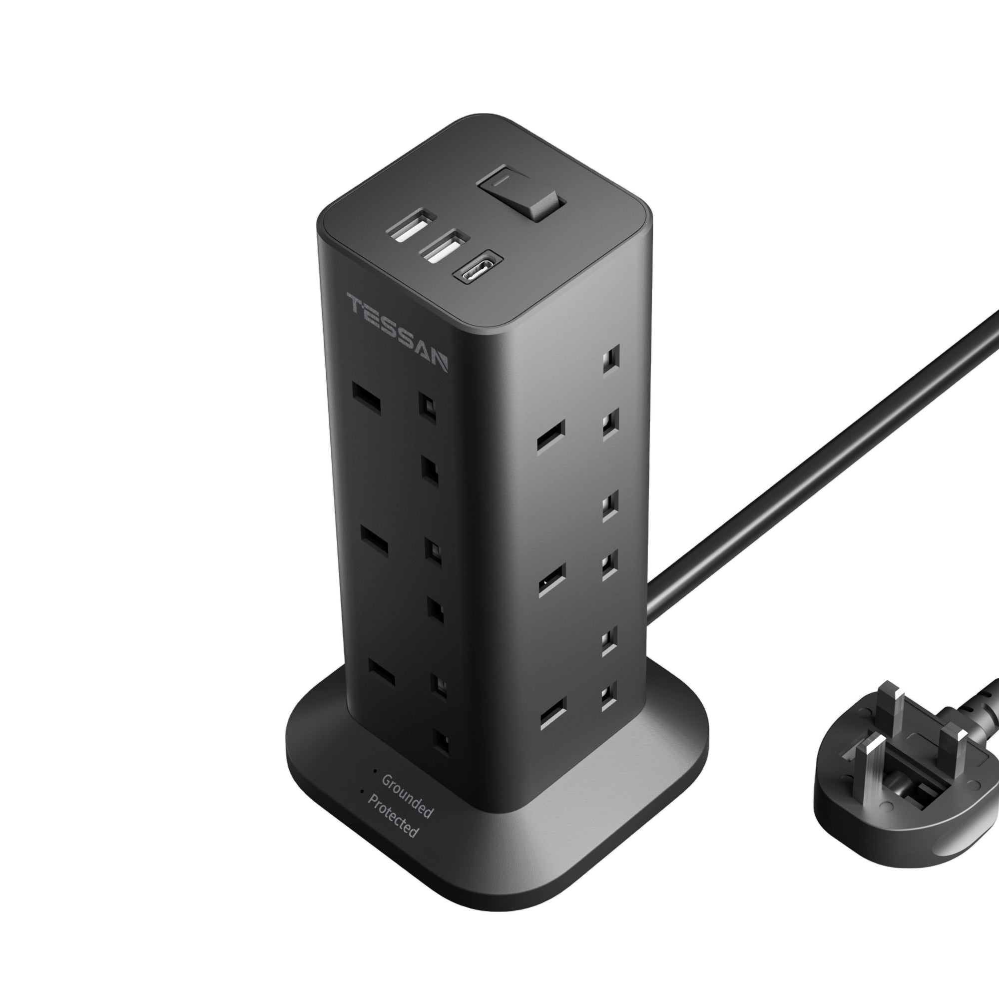 TESSAN - Black Socket Tower 12 Ways Outlet Extension Plug with Multi Plugs