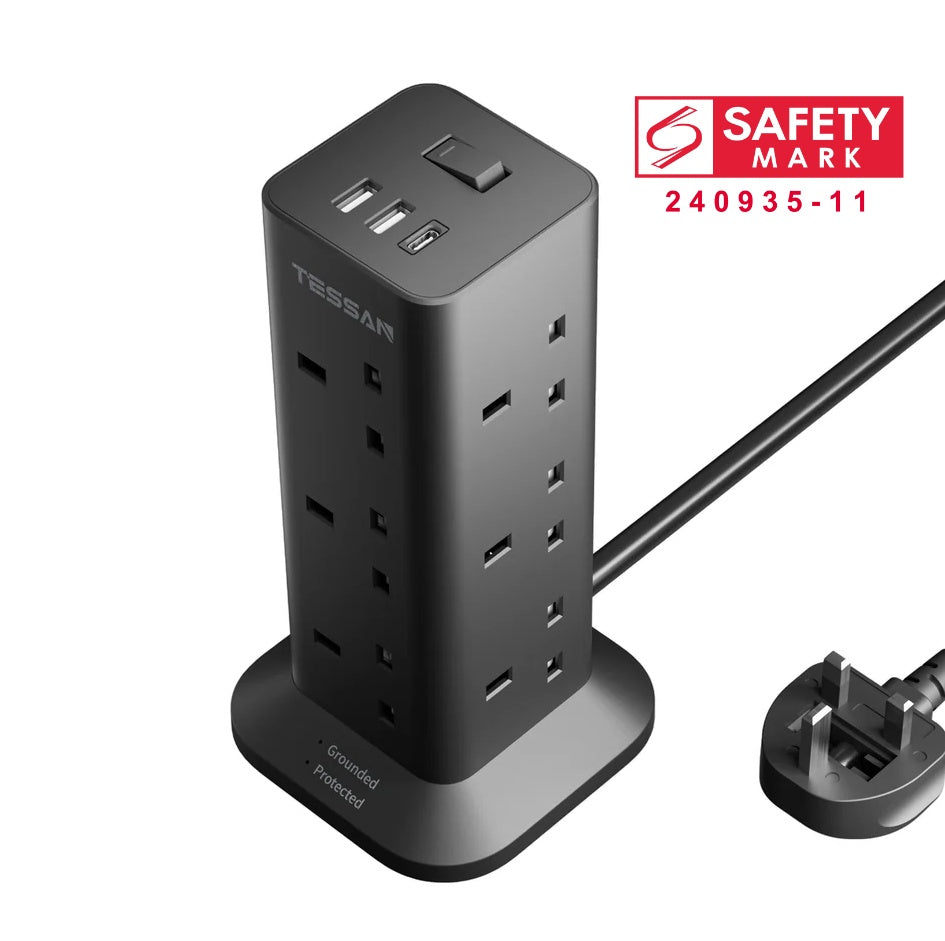TESSAN - Black Socket Tower 12 Ways Outlet Extension Plug with Multi Plugs