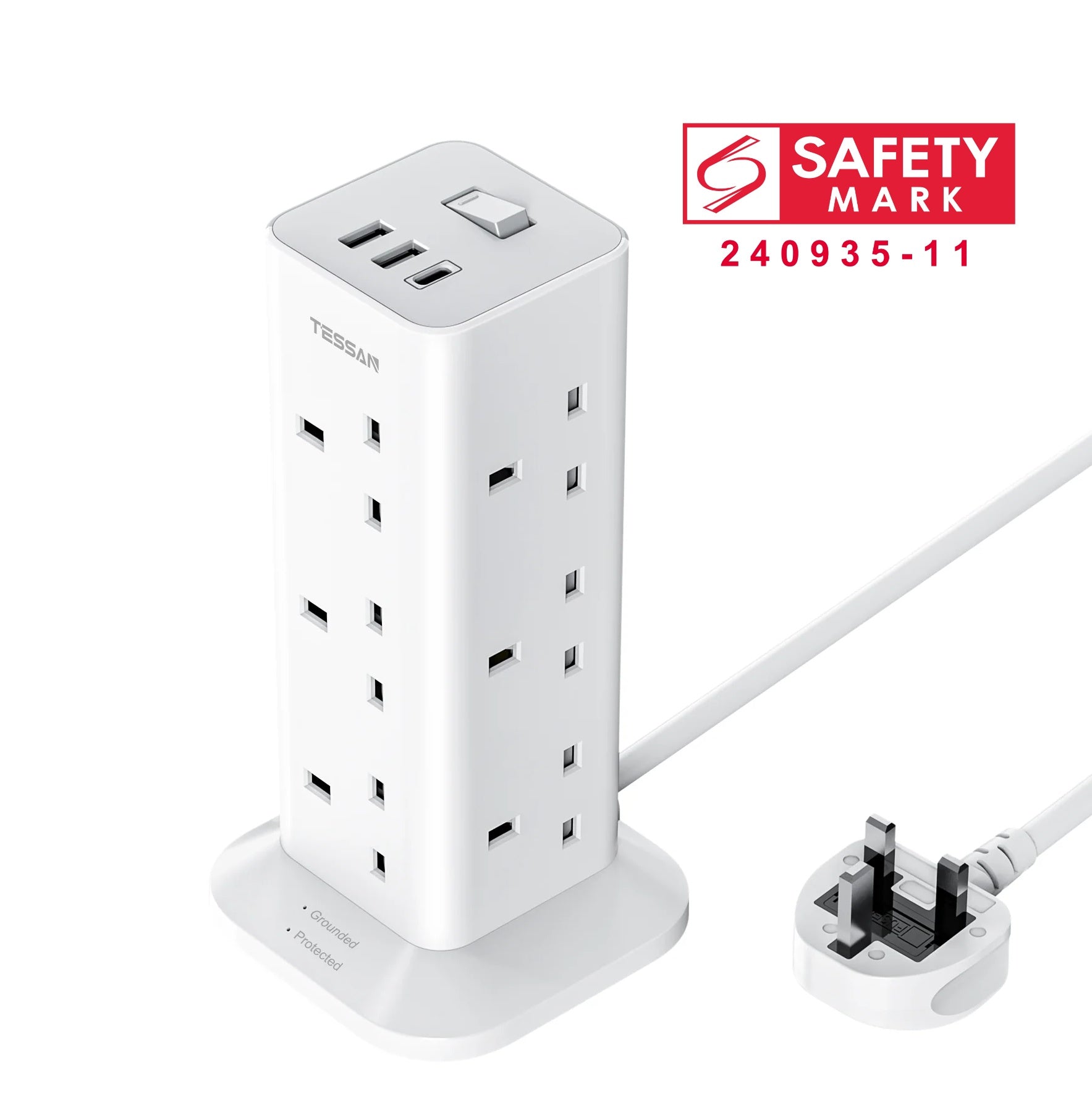 TESSAN - Extension Tower 12 Ways Socket Outlet Plug with 2 USB-A & 1 USB-C Ports