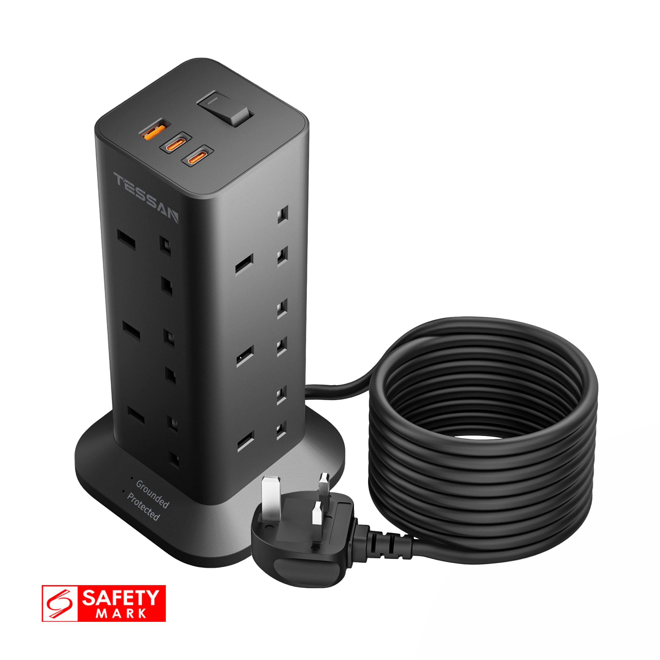 TESSAN - Fast Charging 20W Extension Tower 12 Outlets Extension Plug with 2 Type-C