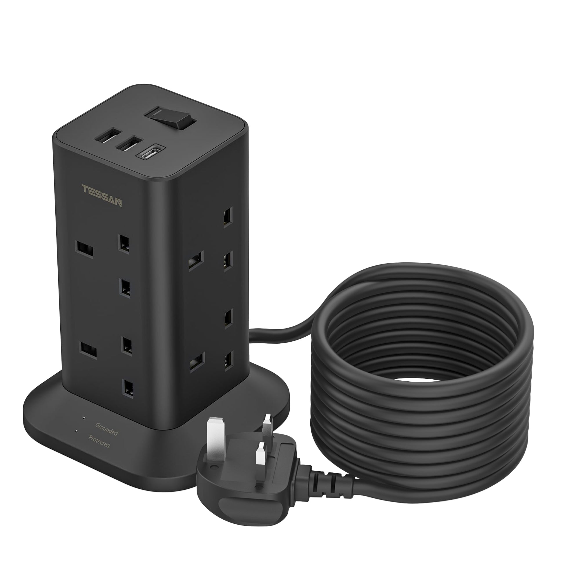 TESSAN - Black Tower 8 Sockets Outlet Plug Extension 3 Meters with 2 USB-A & 1 USB-C Ports / TP03-BK