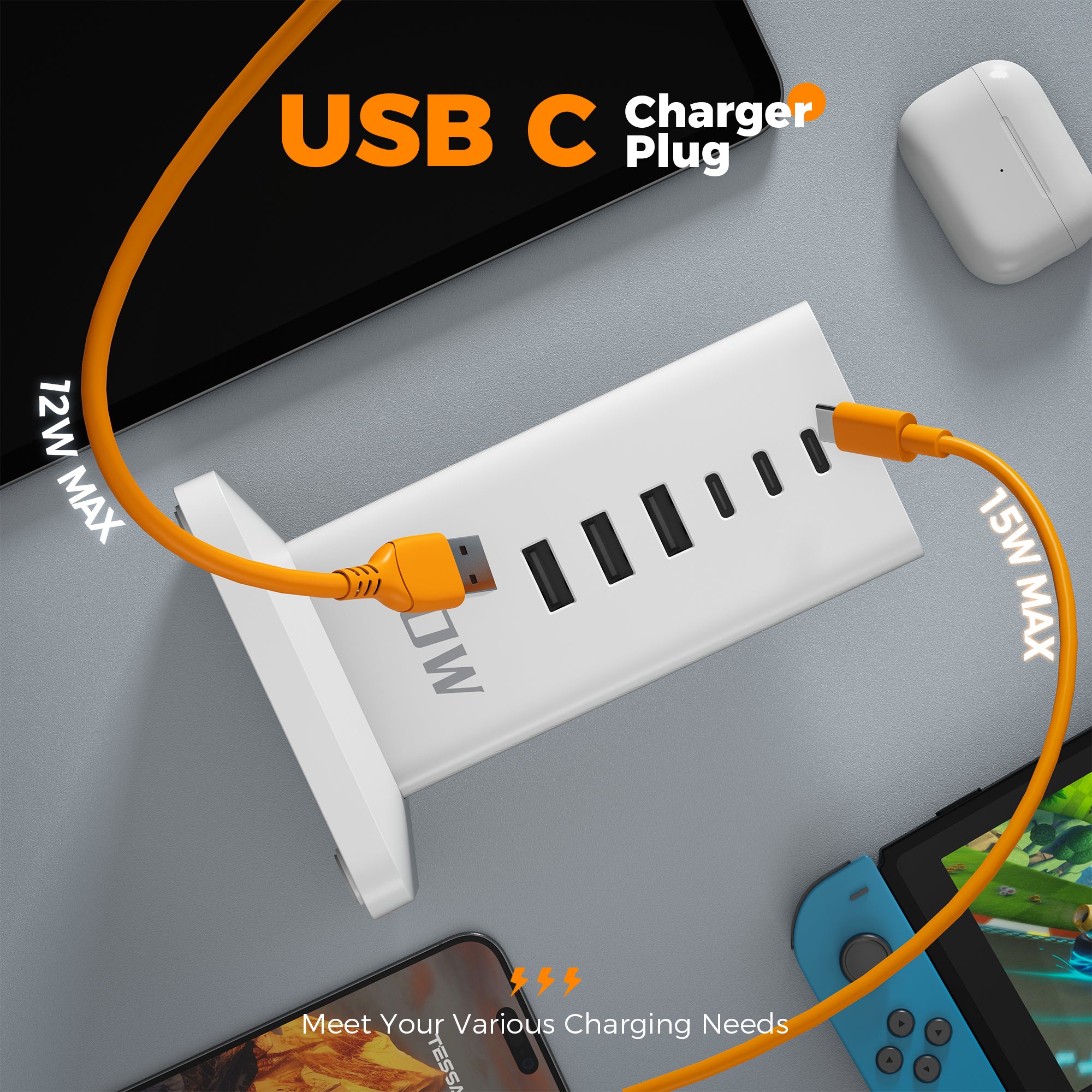 TESSAN - 30W Desktop Charging Station 6-Port Charging Hub With USB C for Multi Devices
