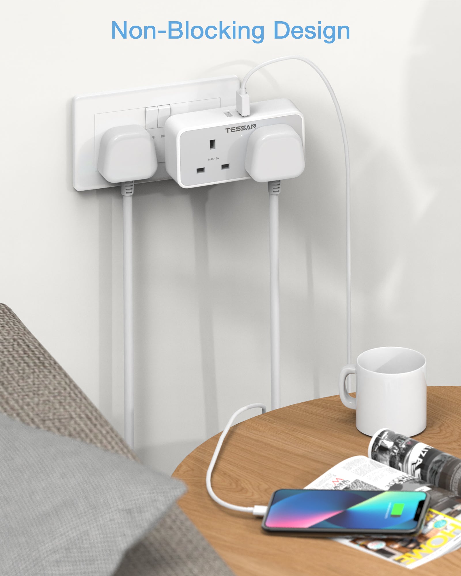 TESSAN - 2 Gangs Outlet Wall Socket Multi Plug Extension Wall Adapter with 2 USB Port / TS-225